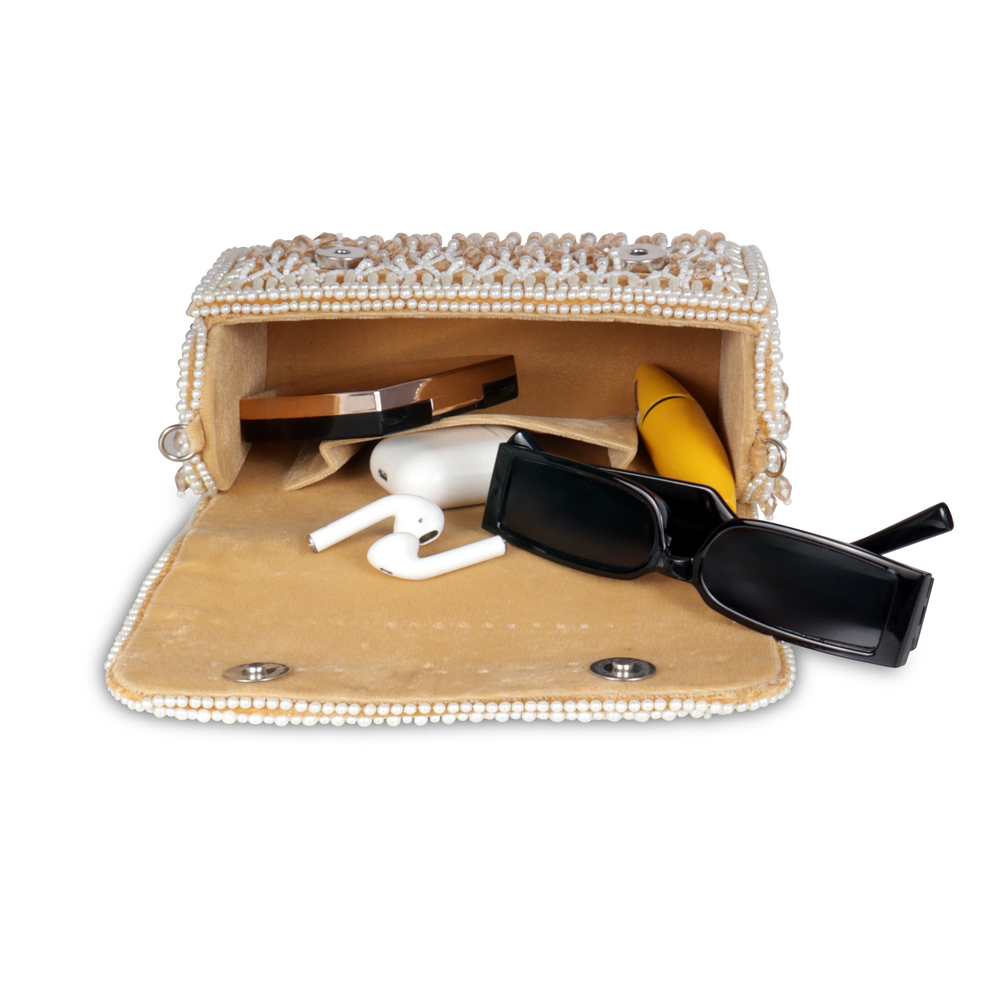 Magnolia Luxe Champagne Beige Velvet Bridal & Party Clutch – Handcrafted Beaded Design, Detachable Handle, Spacious Interior