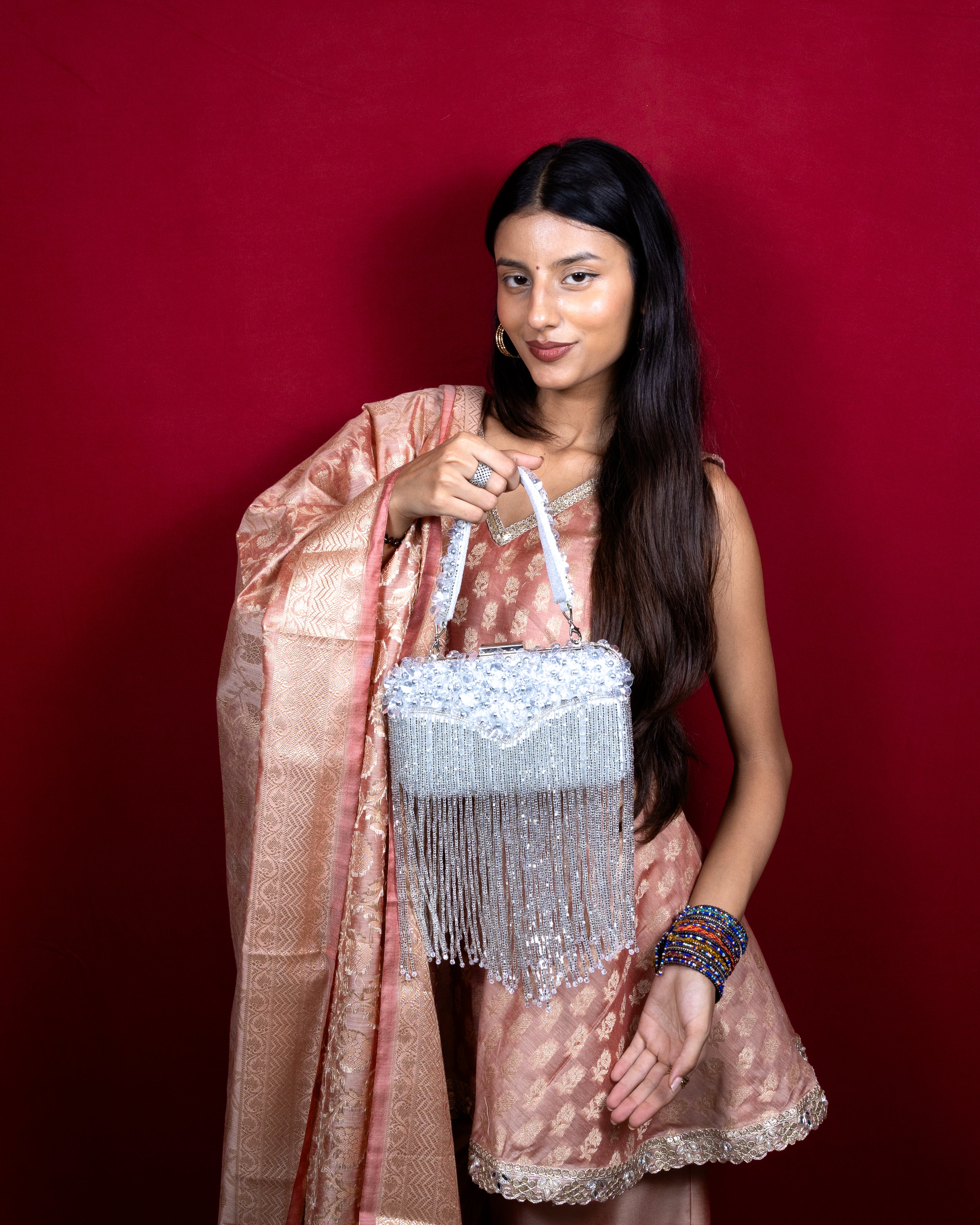 Magnolia-Luxe Silver Clutch with Embellished Fringe Detail