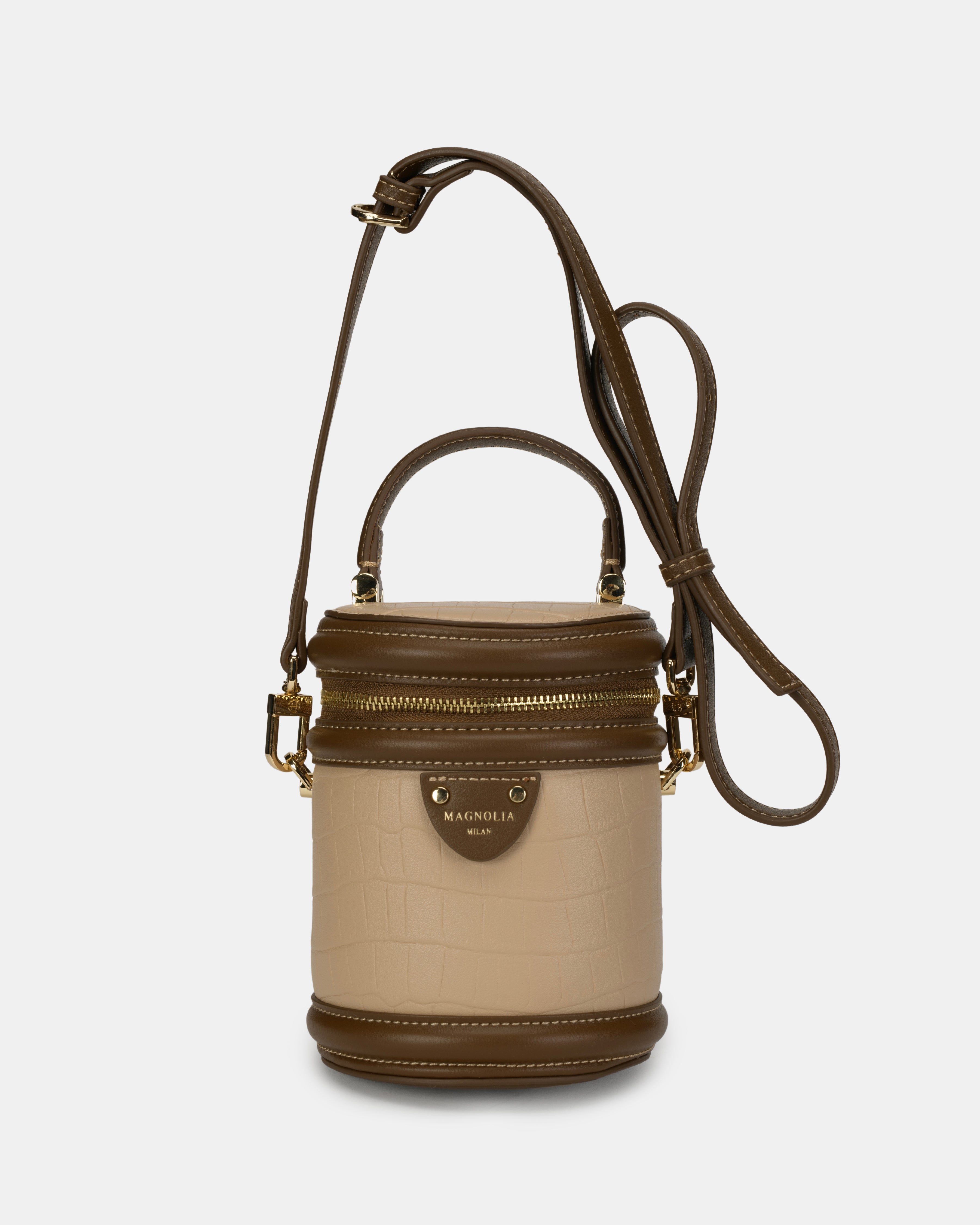 Magnolia® Croco Leather Cylinder Jewellery Sling Bag – Beige & Brown, PU Leather, Zipper Closure