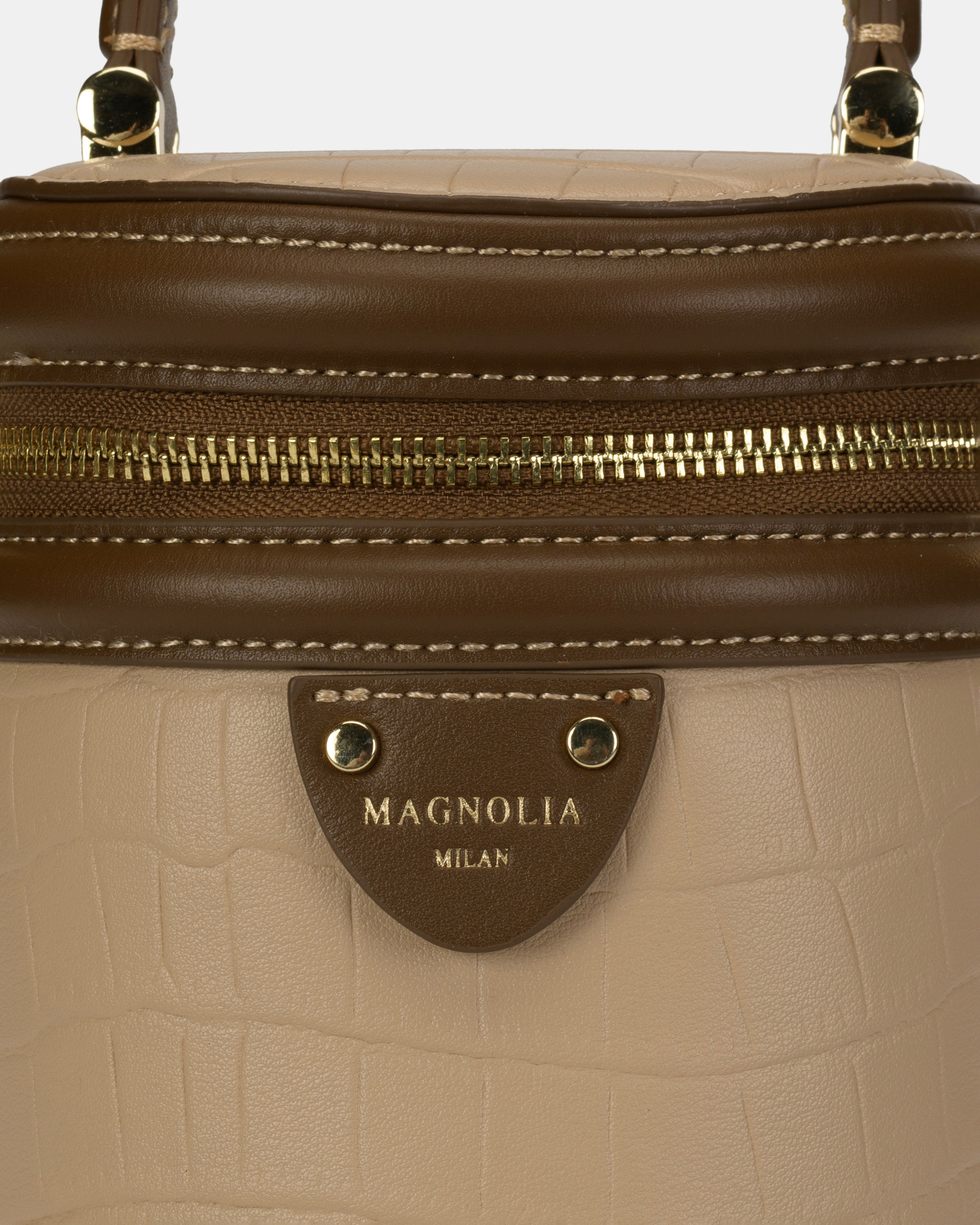 Magnolia® Croco Leather Cylinder Jewellery Sling Bag – Beige & Brown, PU Leather, Zipper Closure