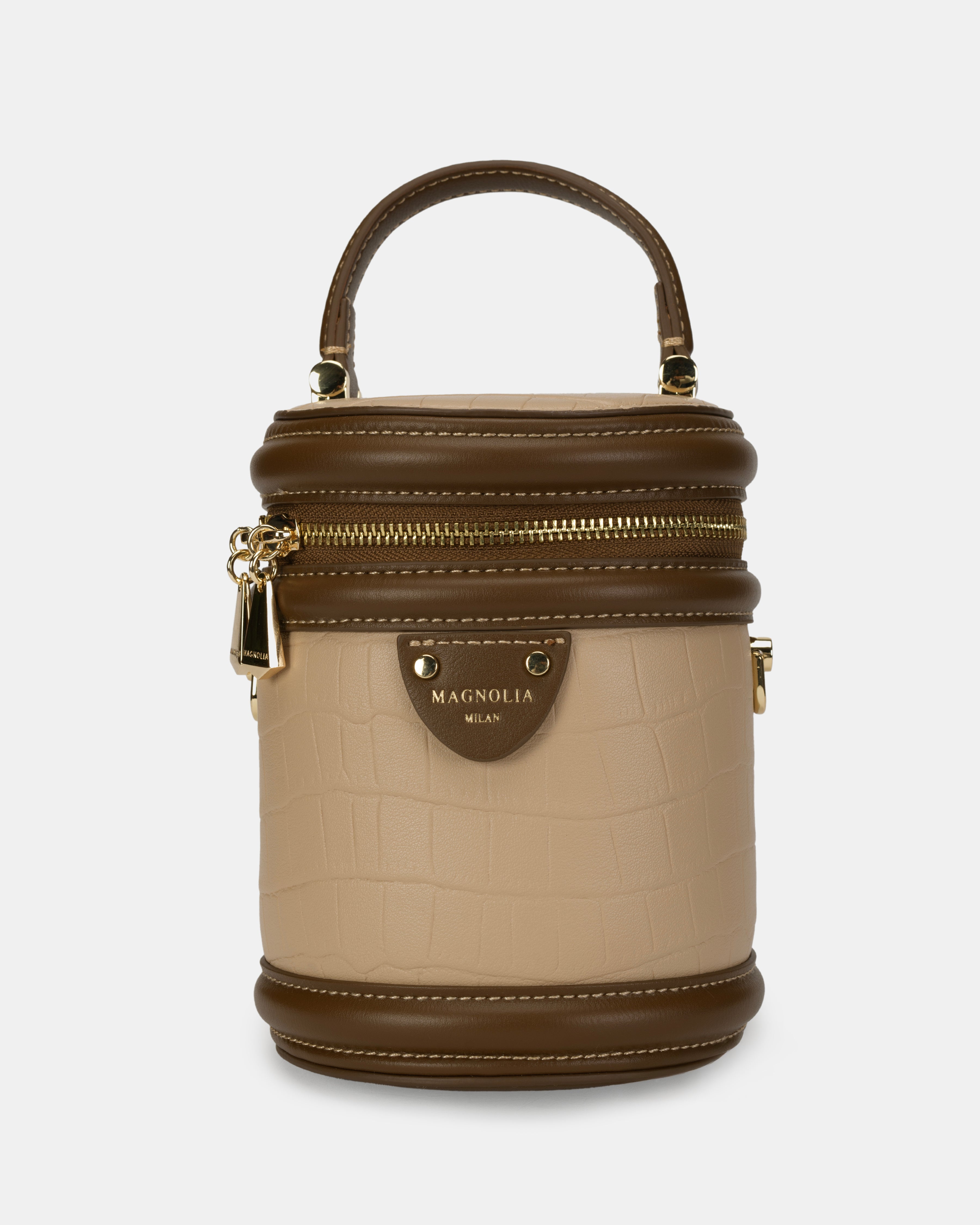 Magnolia® Croco Leather Cylinder Jewellery Sling Bag – Beige & Brown, PU Leather, Zipper Closure