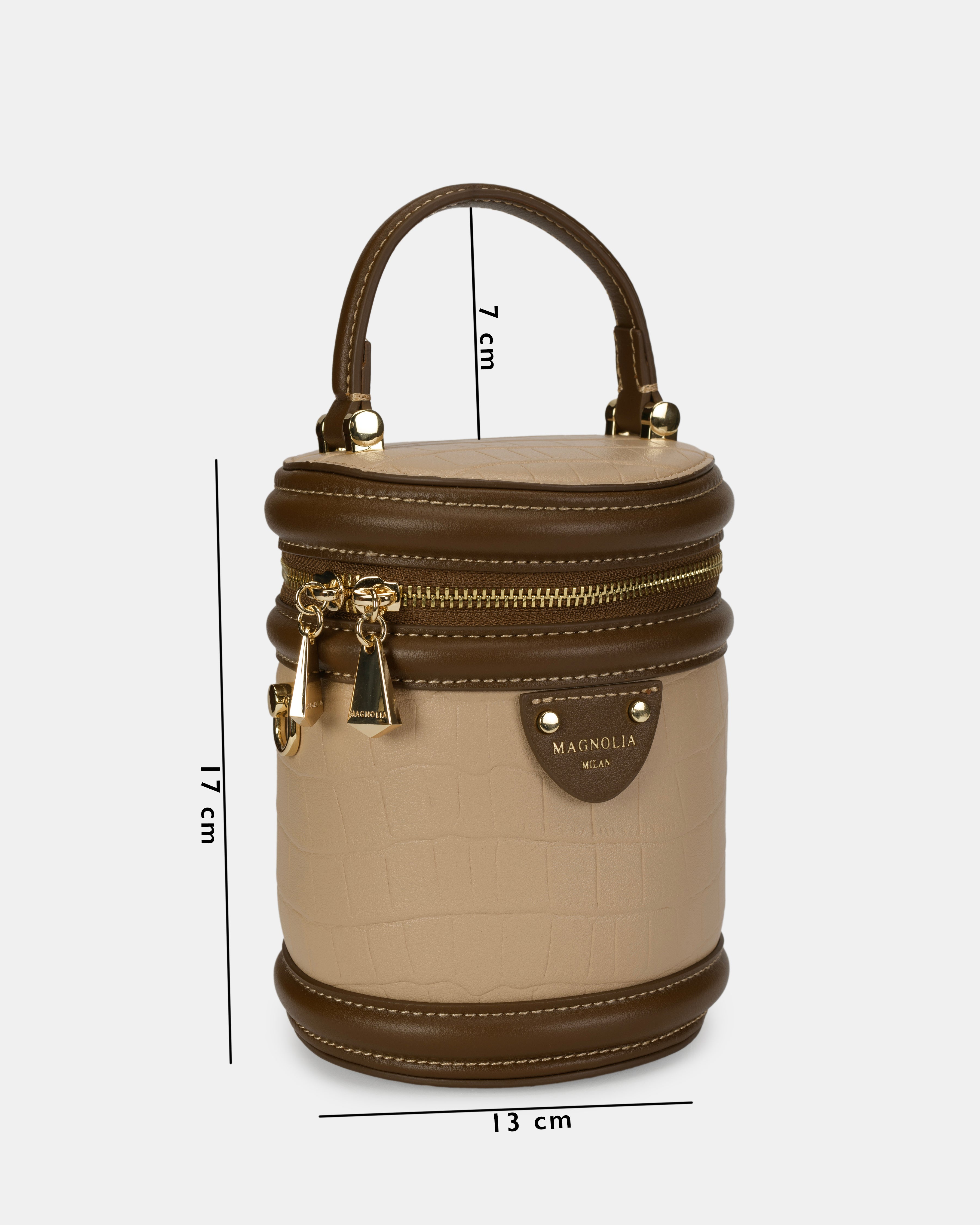 Magnolia® Croco Leather Cylinder Jewellery Sling Bag – Beige & Brown, PU Leather, Zipper Closure