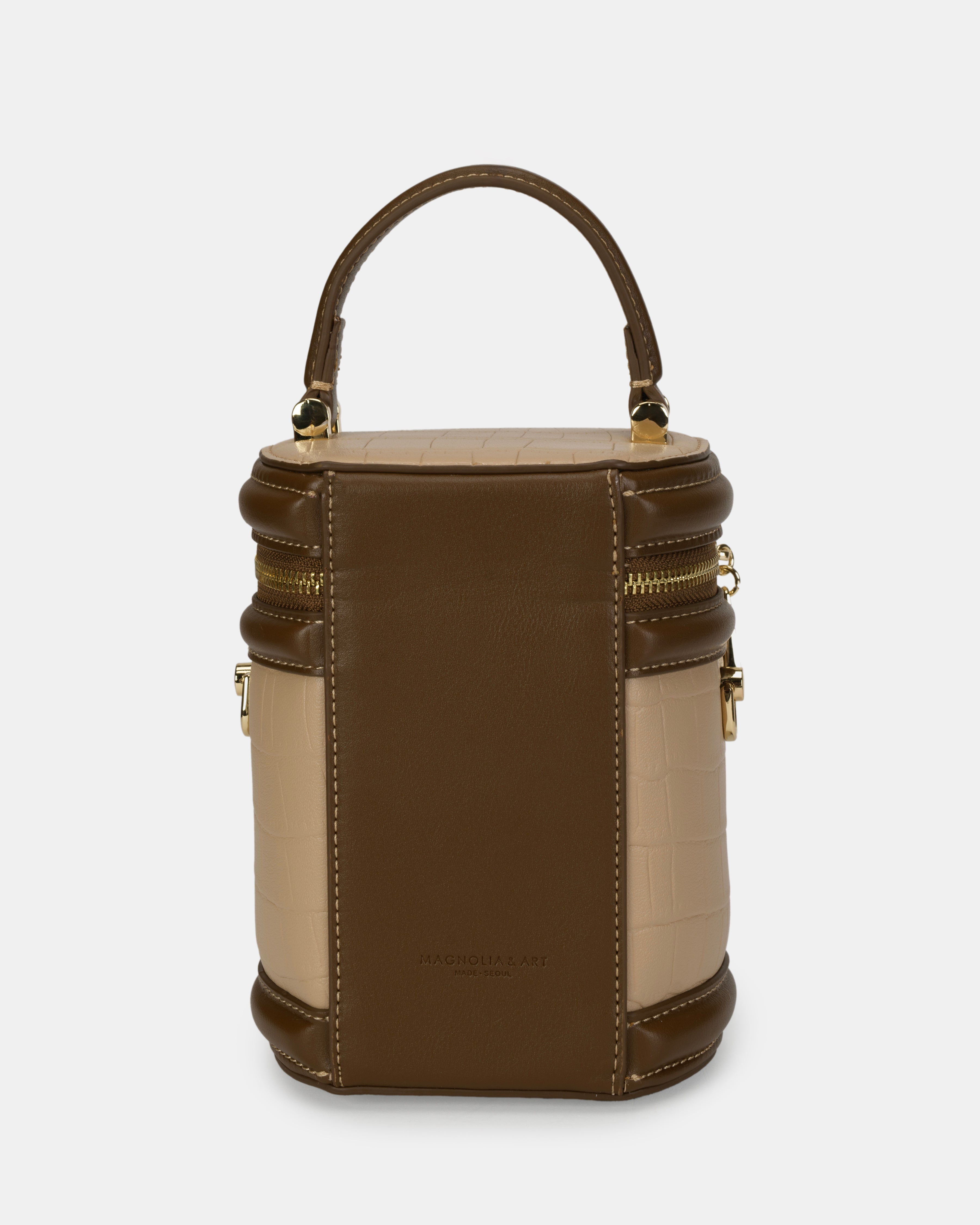 Magnolia® Croco Leather Cylinder Jewellery Sling Bag – Beige & Brown, PU Leather, Zipper Closure