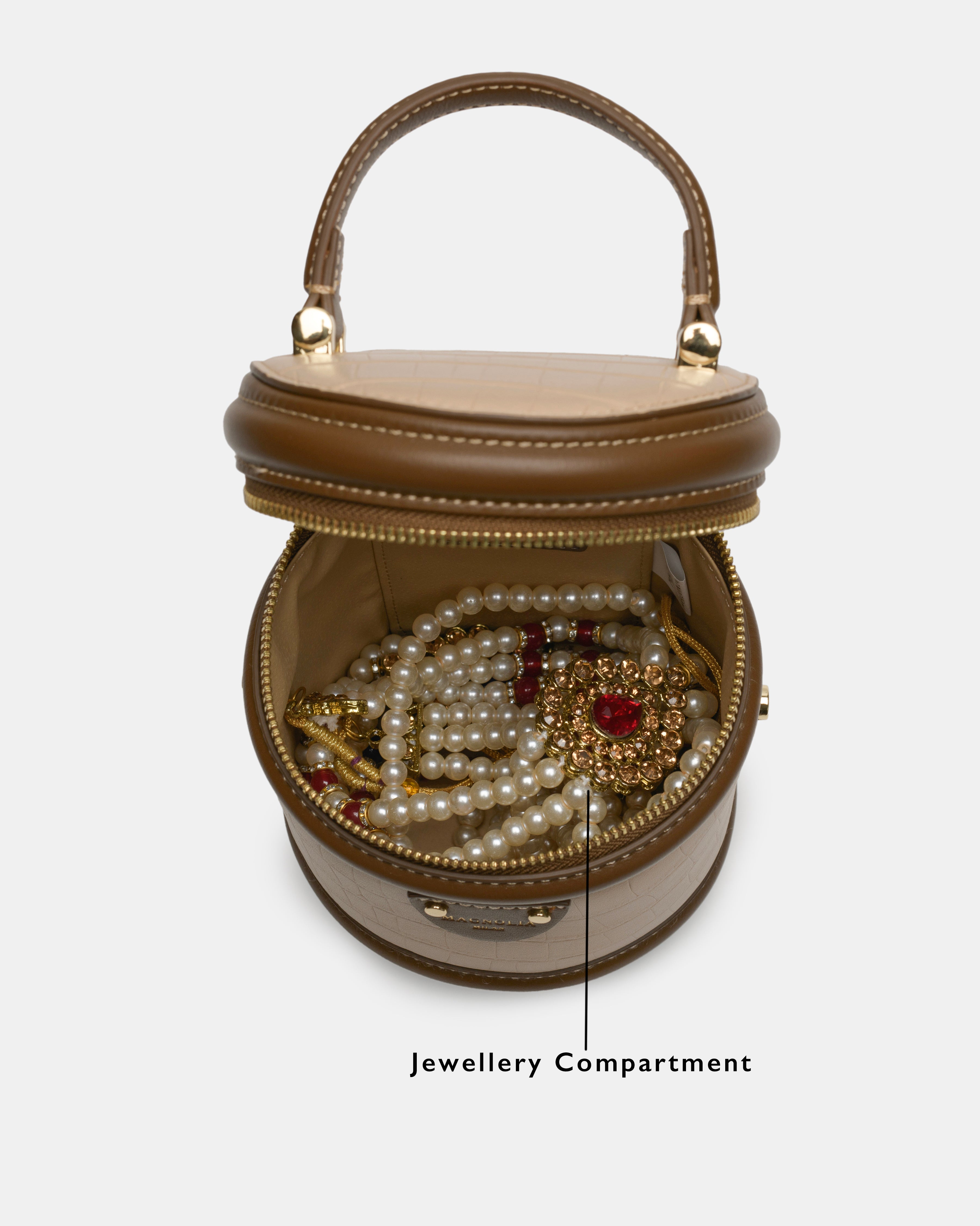 Magnolia® Croco Leather Cylinder Jewellery Sling Bag – Beige & Brown, PU Leather, Zipper Closure