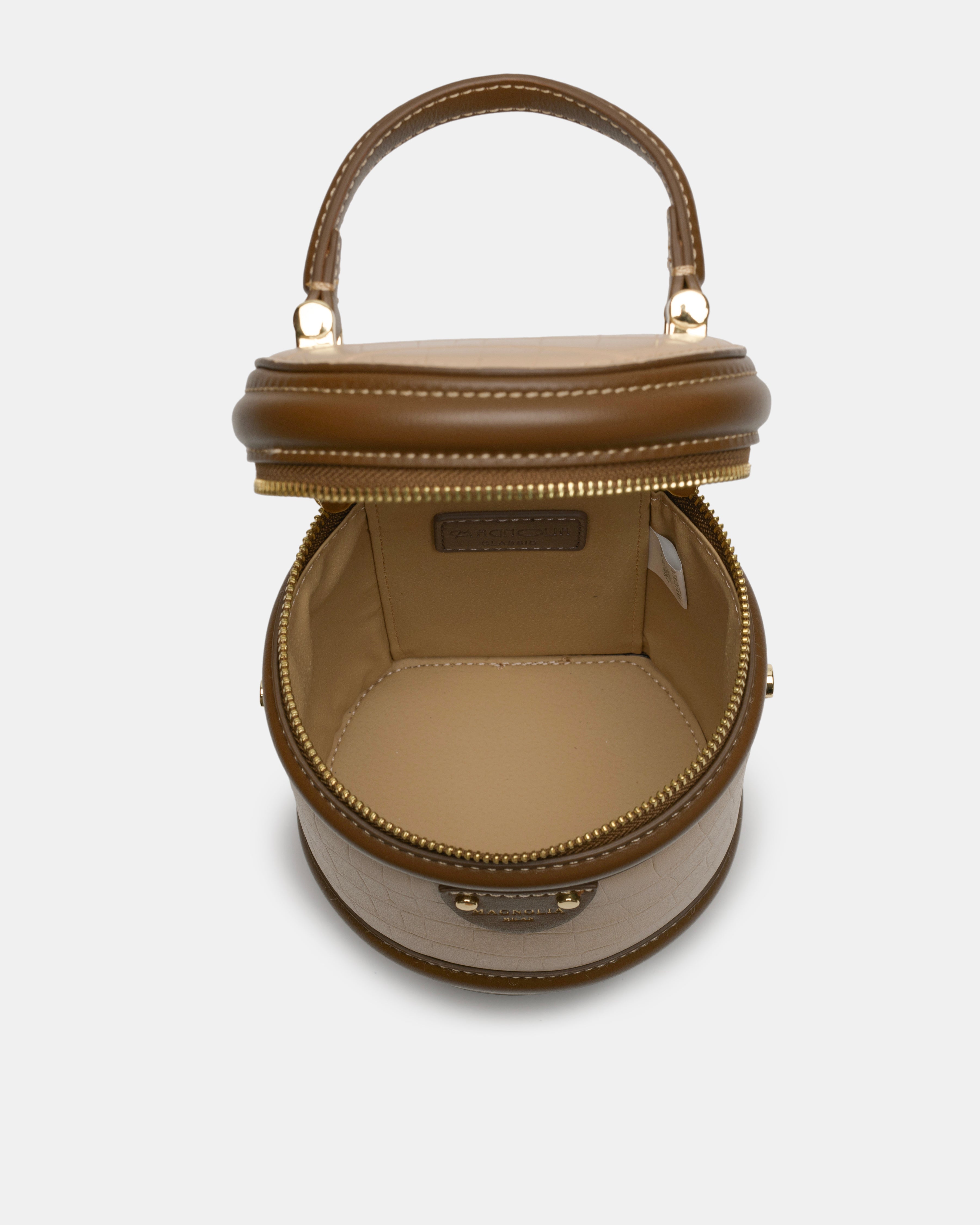 Magnolia® Croco Leather Cylinder Jewellery Sling Bag – Beige & Brown, PU Leather, Zipper Closure