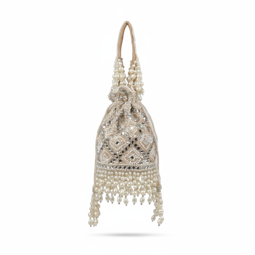 Magnolia Velvet Embroidered Potli Bag – Ivory with Silver Embroidery & Pearl Detailing