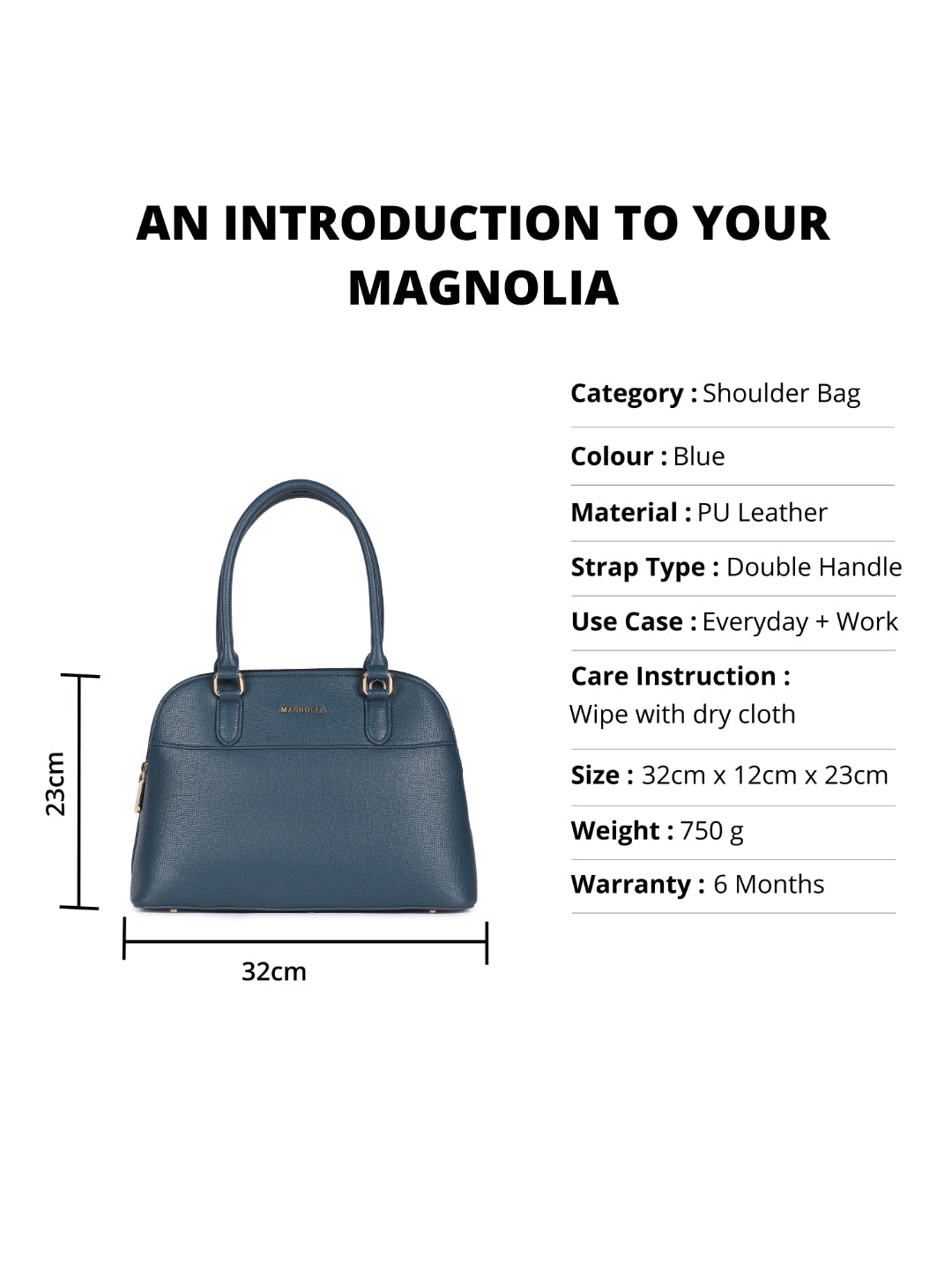 Magnolia Blue PU Leather Solid One Size Women Shoulder Bag