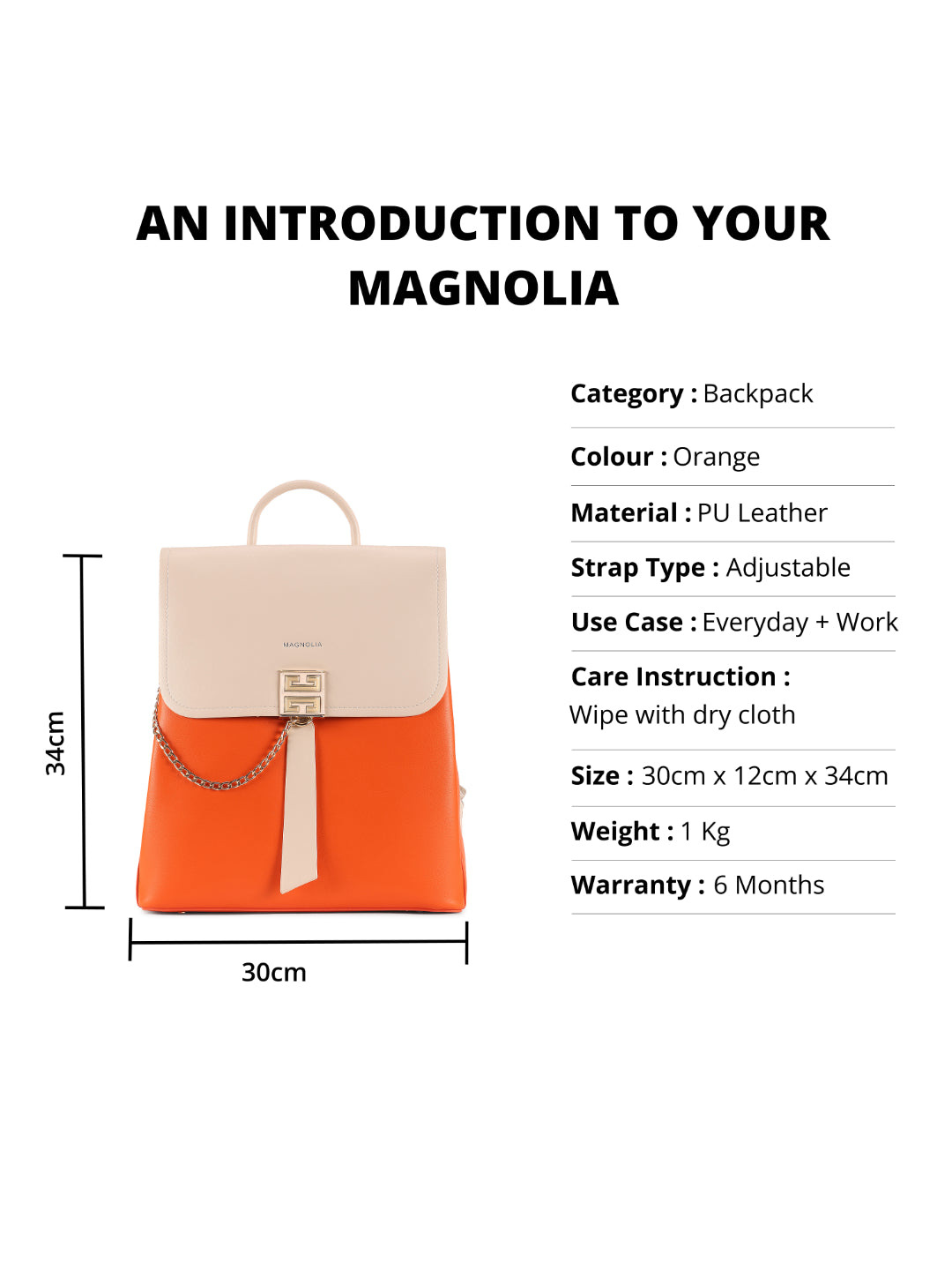 Magnolia Orange PU Leather Solid One Size Women Backpack