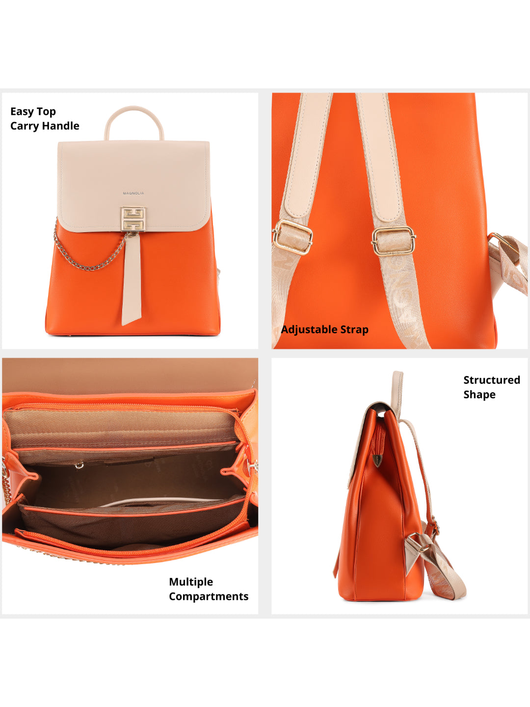 Magnolia Orange PU Leather Solid One Size Women Backpack