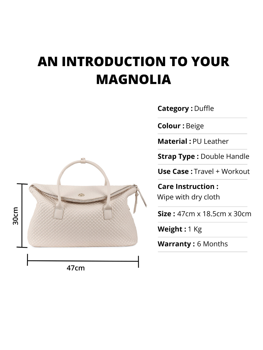 Magnolia Beige PU Leather Quilted One Size Unisex Duffle Bag