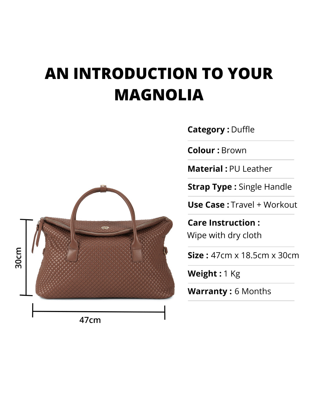 Magnolia Brown PU Leather Quilted One Size Unisex Duffle Bag