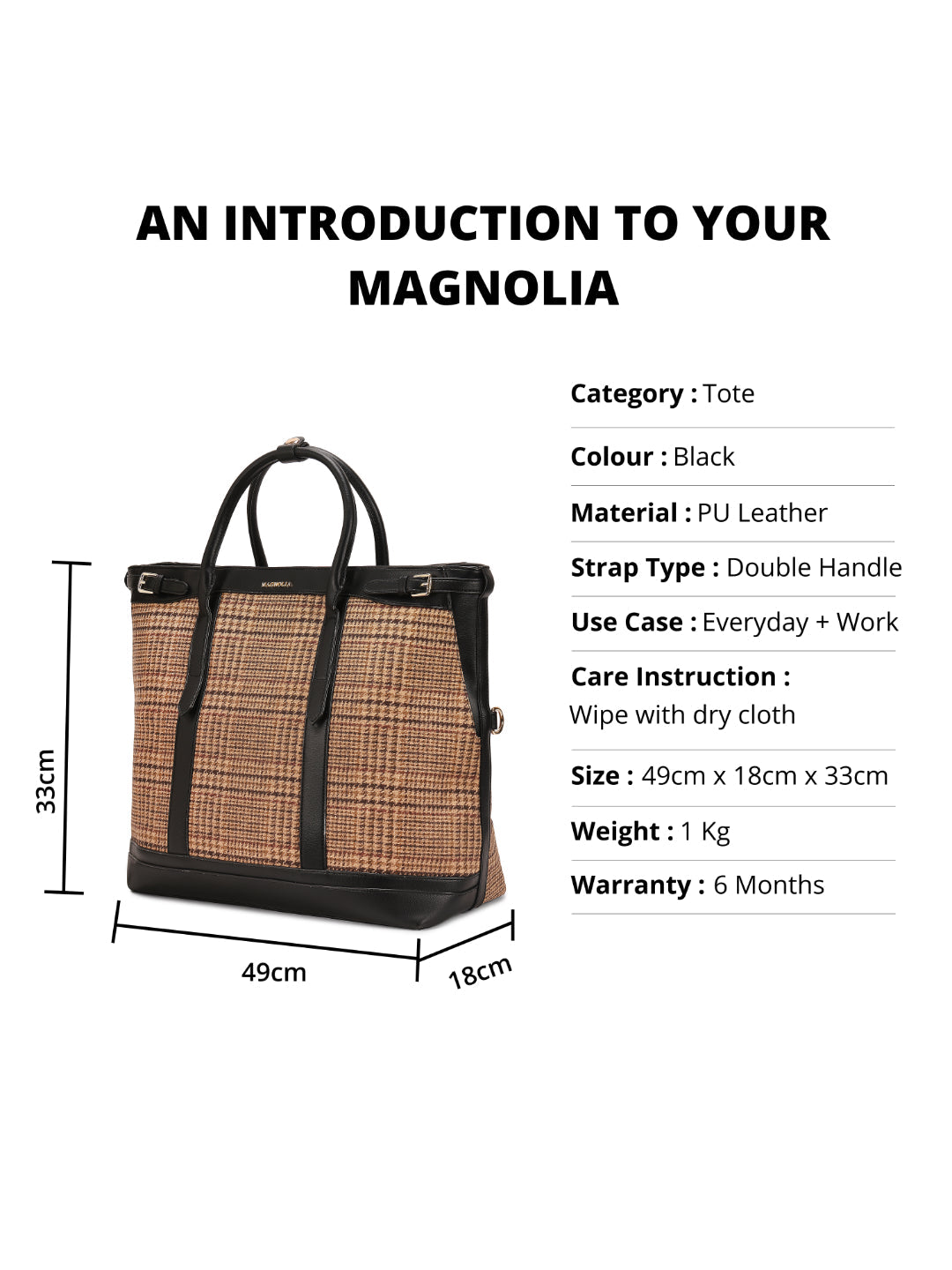 Magnolia Black PU Leather Textured One Size Unisex Tote