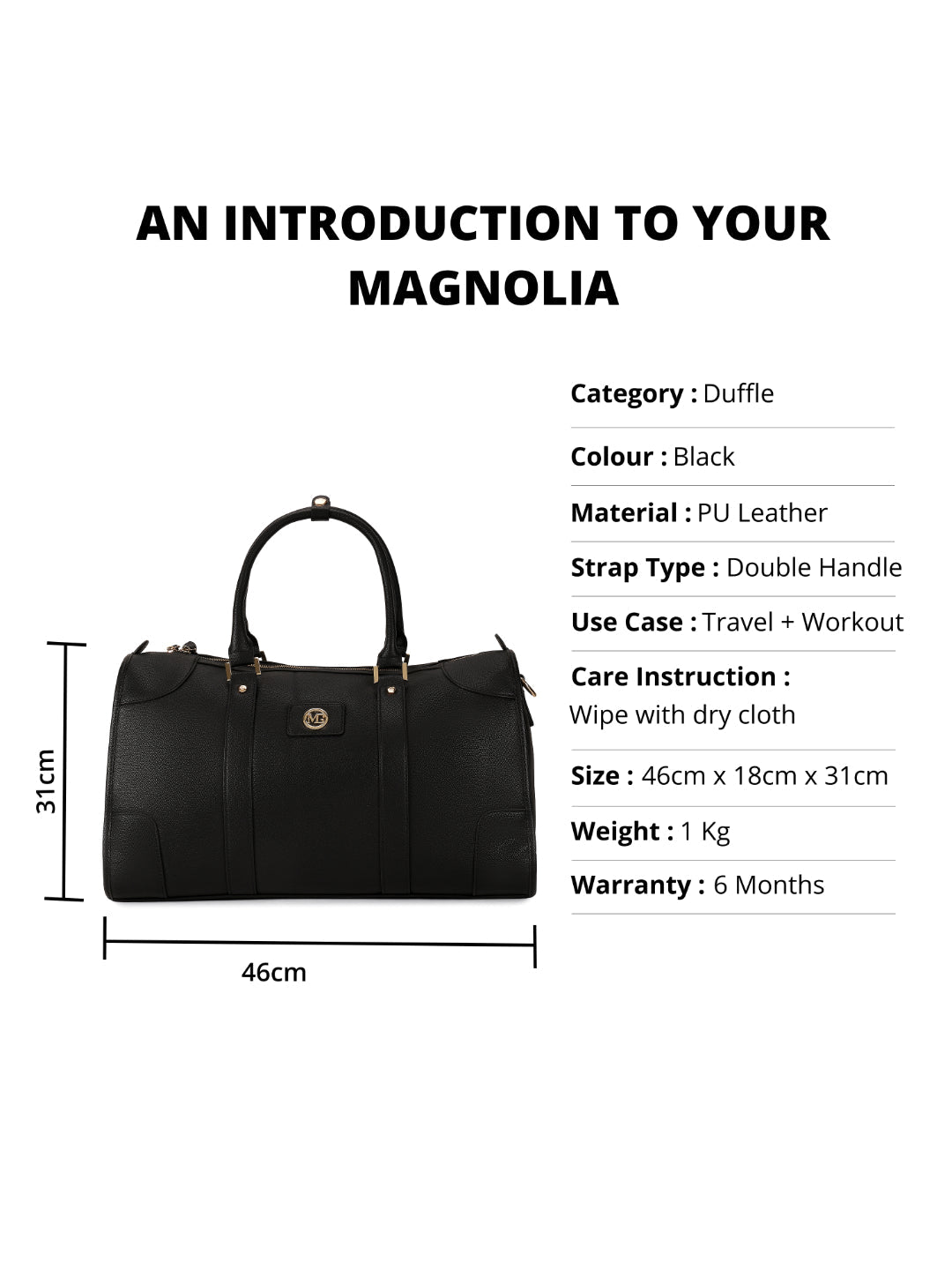 Magnolia Black PU Leather Solid One Size Unisex Duffle Bag