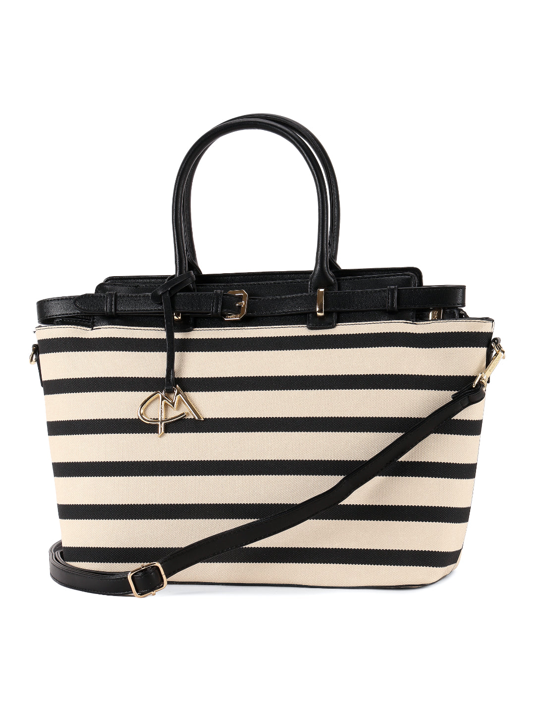 Magnolia Black PU Leather Striped One Size Women Tote