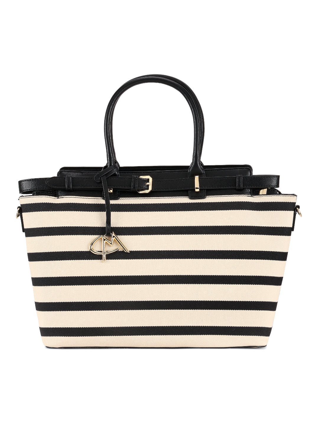 Magnolia Black PU Leather Striped One Size Women Tote
