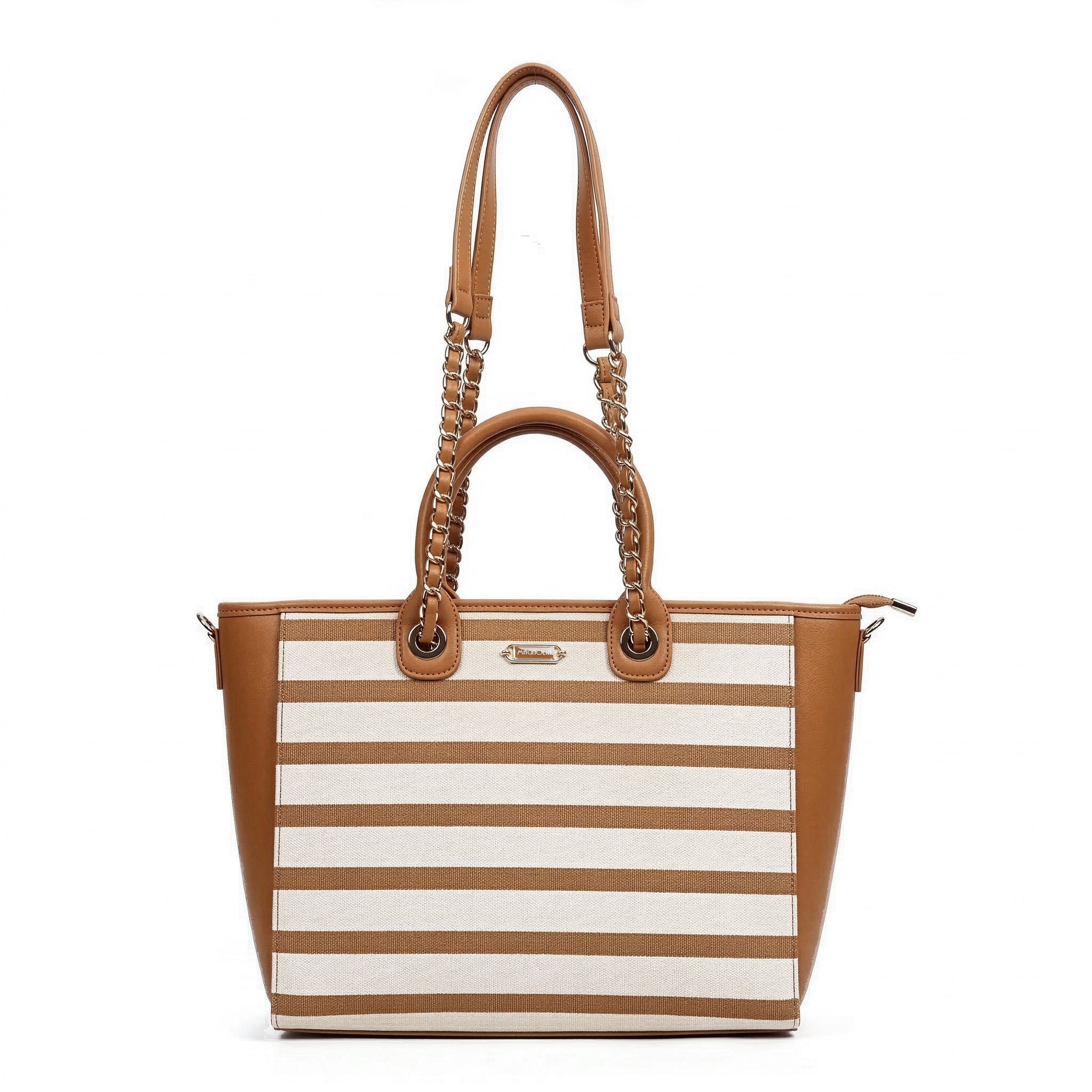 Magnolia PU Leather Women Striped Brown Tote Bag