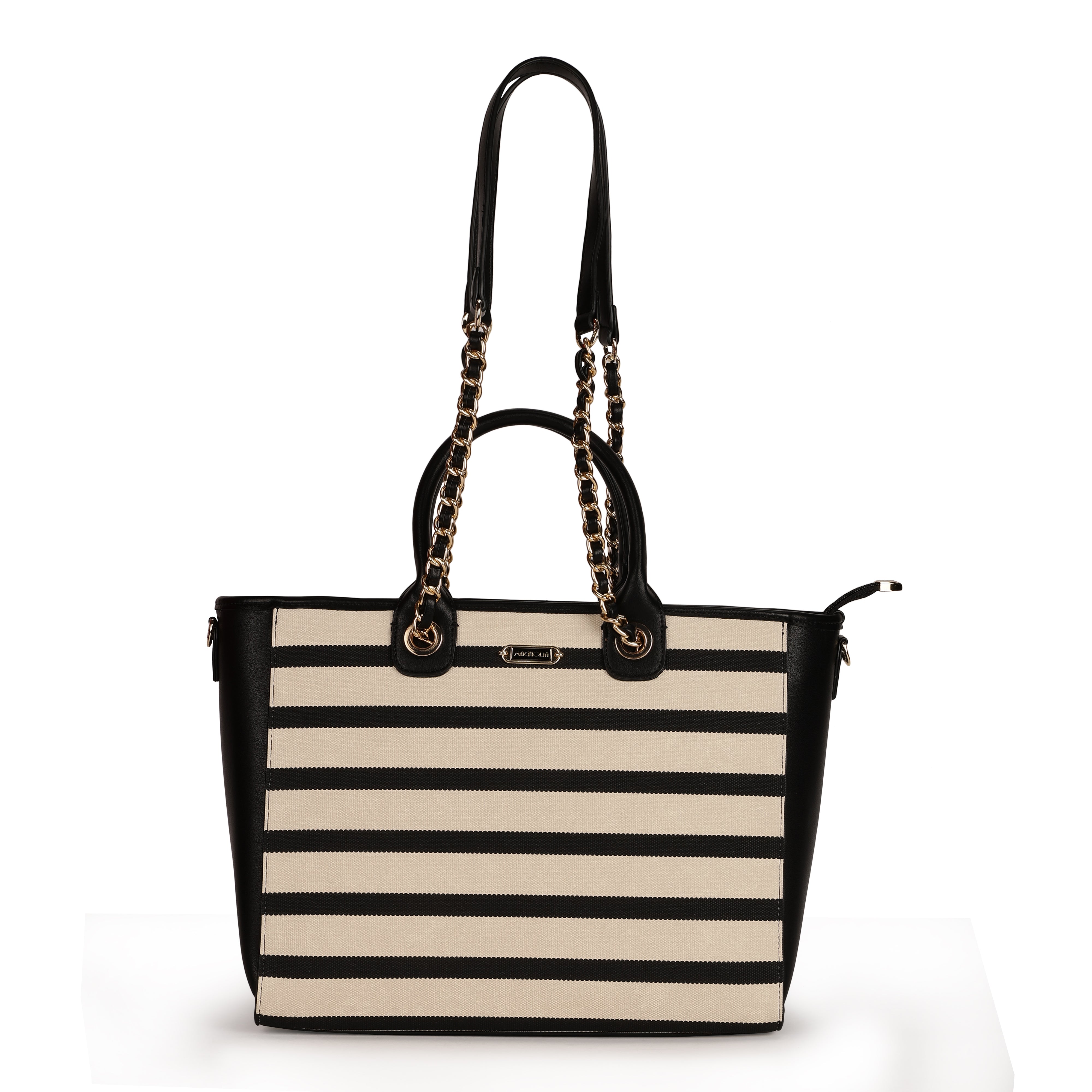 Magnolia PU Leather Women Striped Black Tote Bag