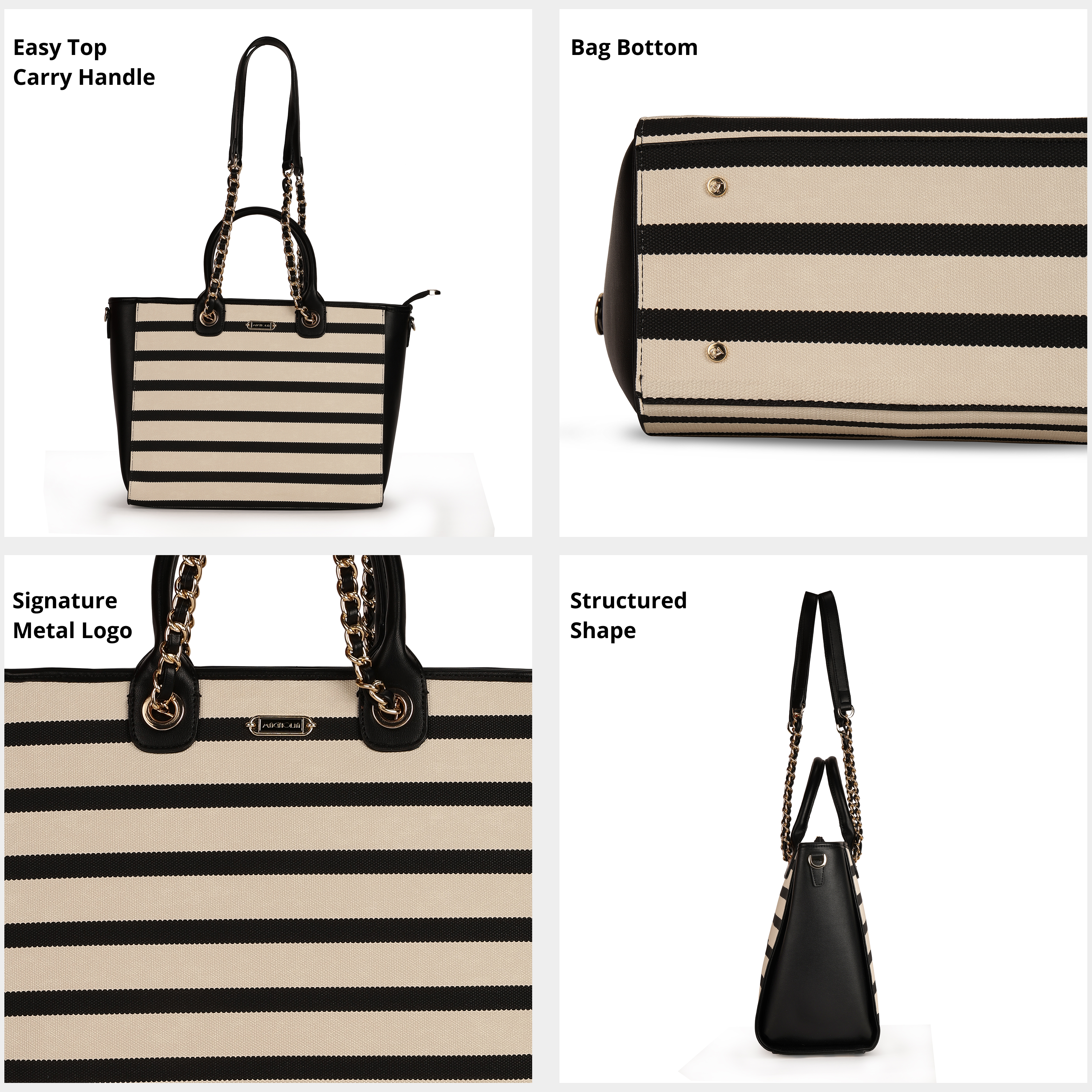 Magnolia PU Leather Women Striped Black Tote Bag