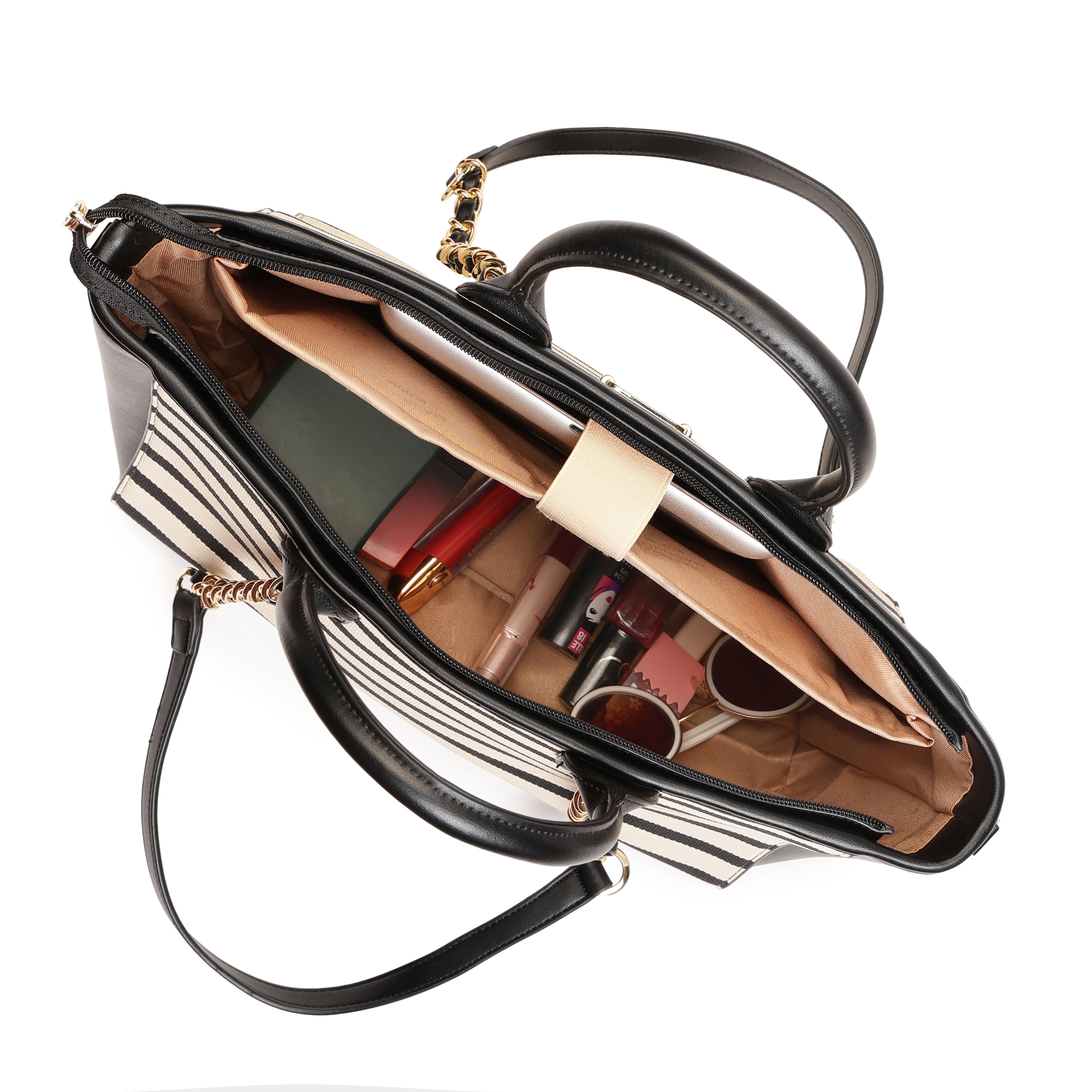 Magnolia PU Leather Women Striped Black Tote Bag