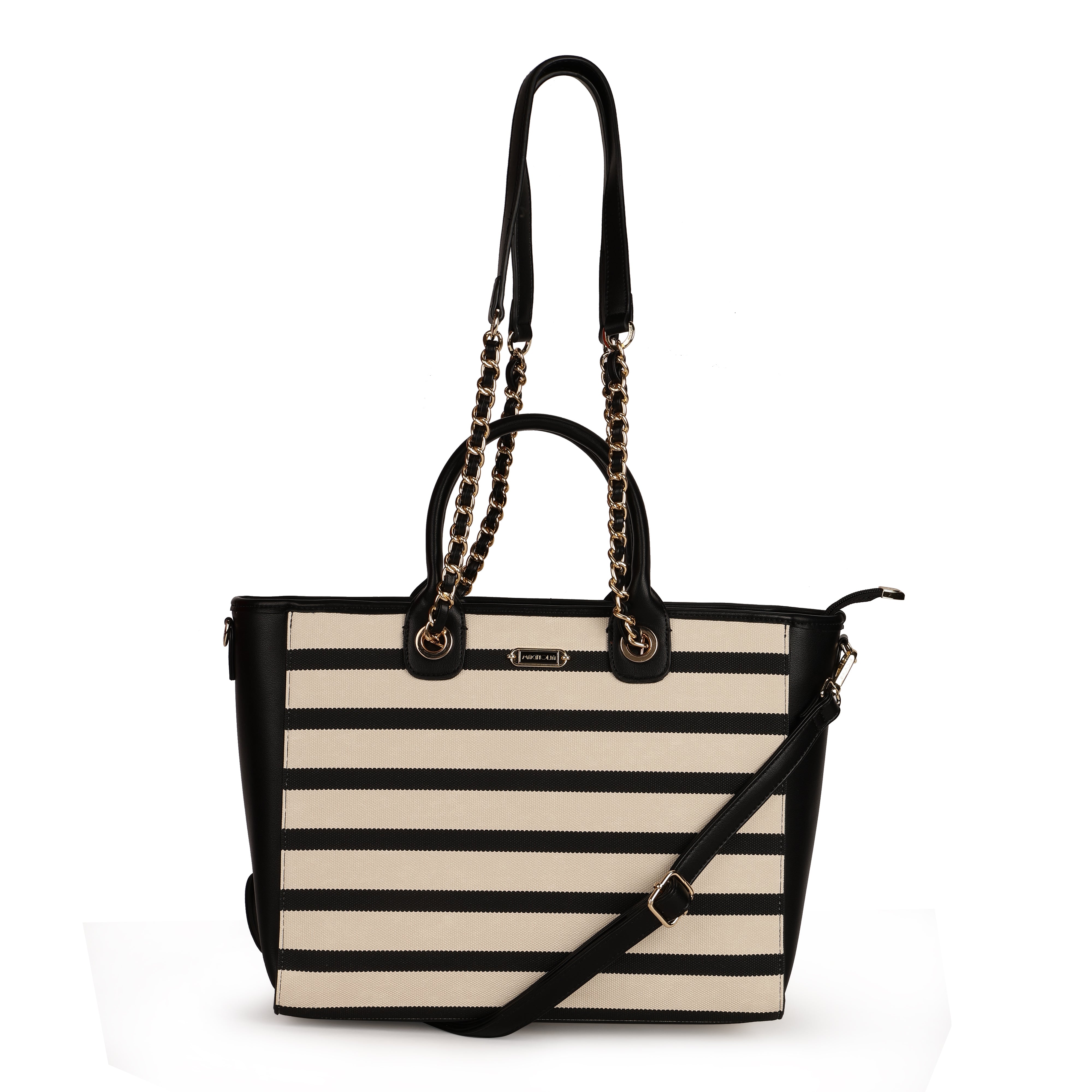 Magnolia PU Leather Women Striped Black Tote Bag
