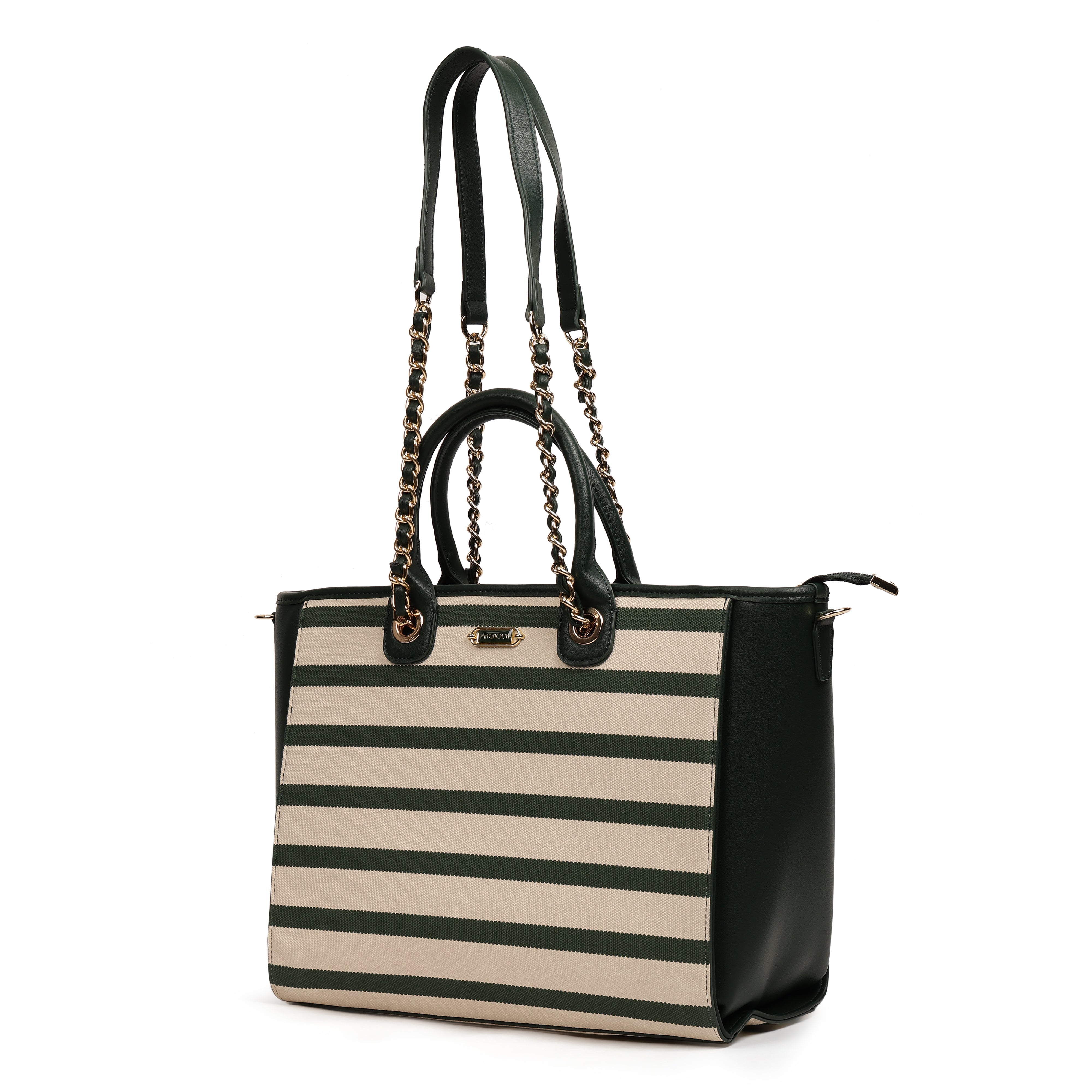 Magnolia PU Leather Women Striped Green Tote Bag