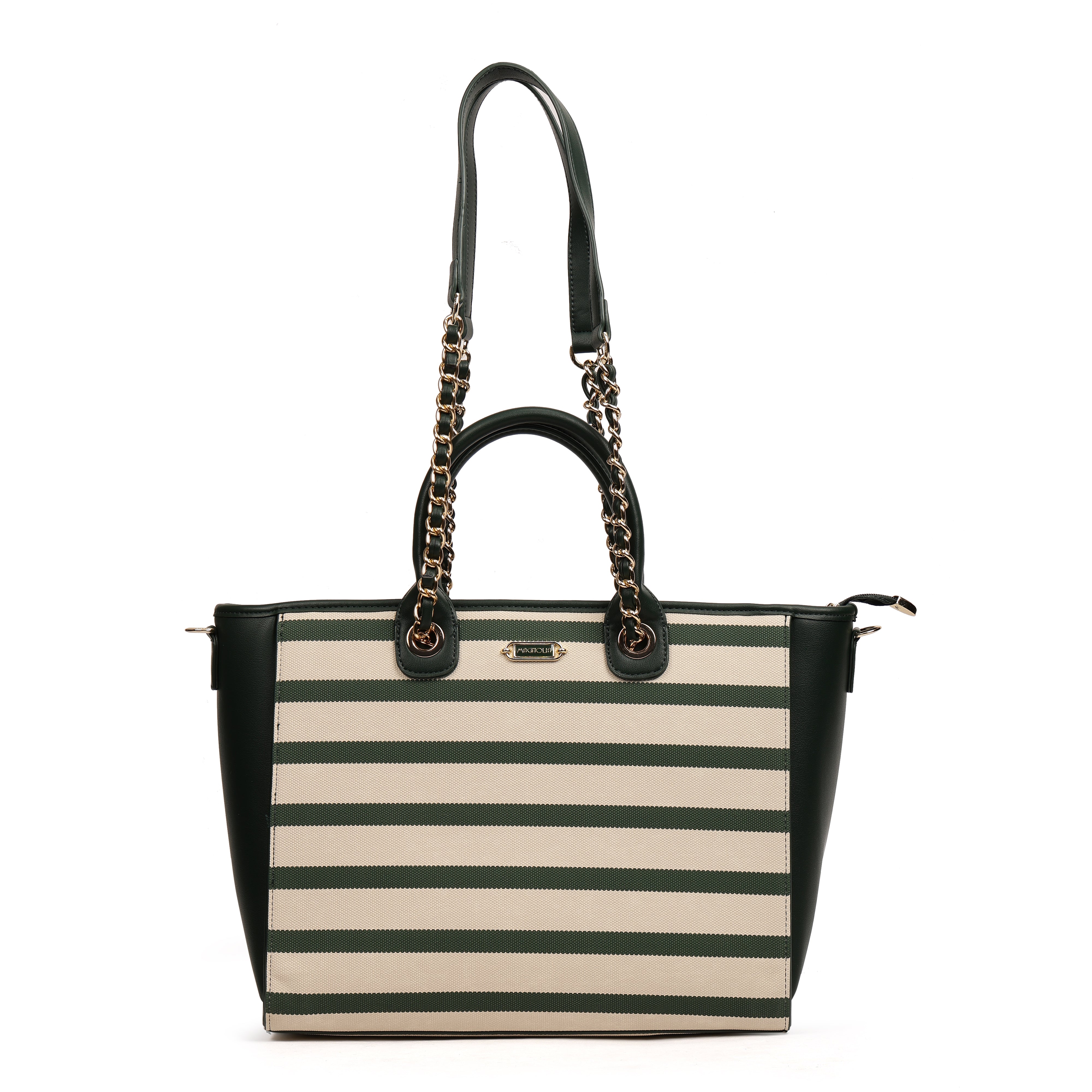 Magnolia PU Leather Women Striped Green Tote Bag
