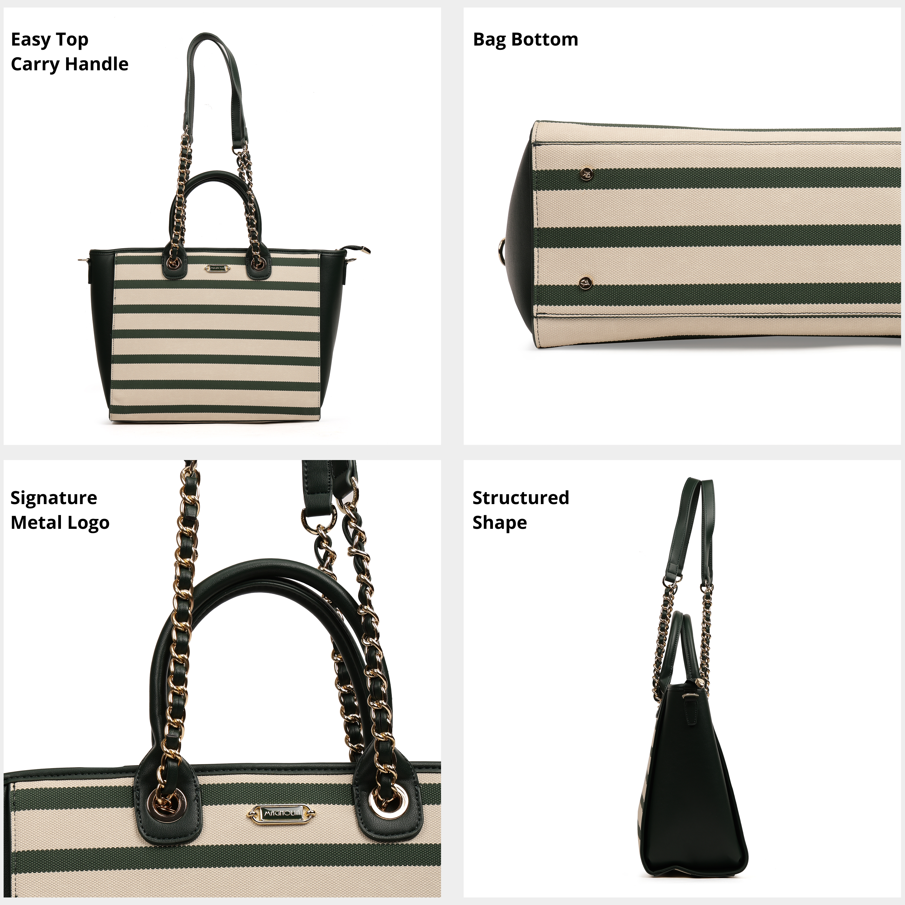 Magnolia PU Leather Women Striped Green Tote Bag