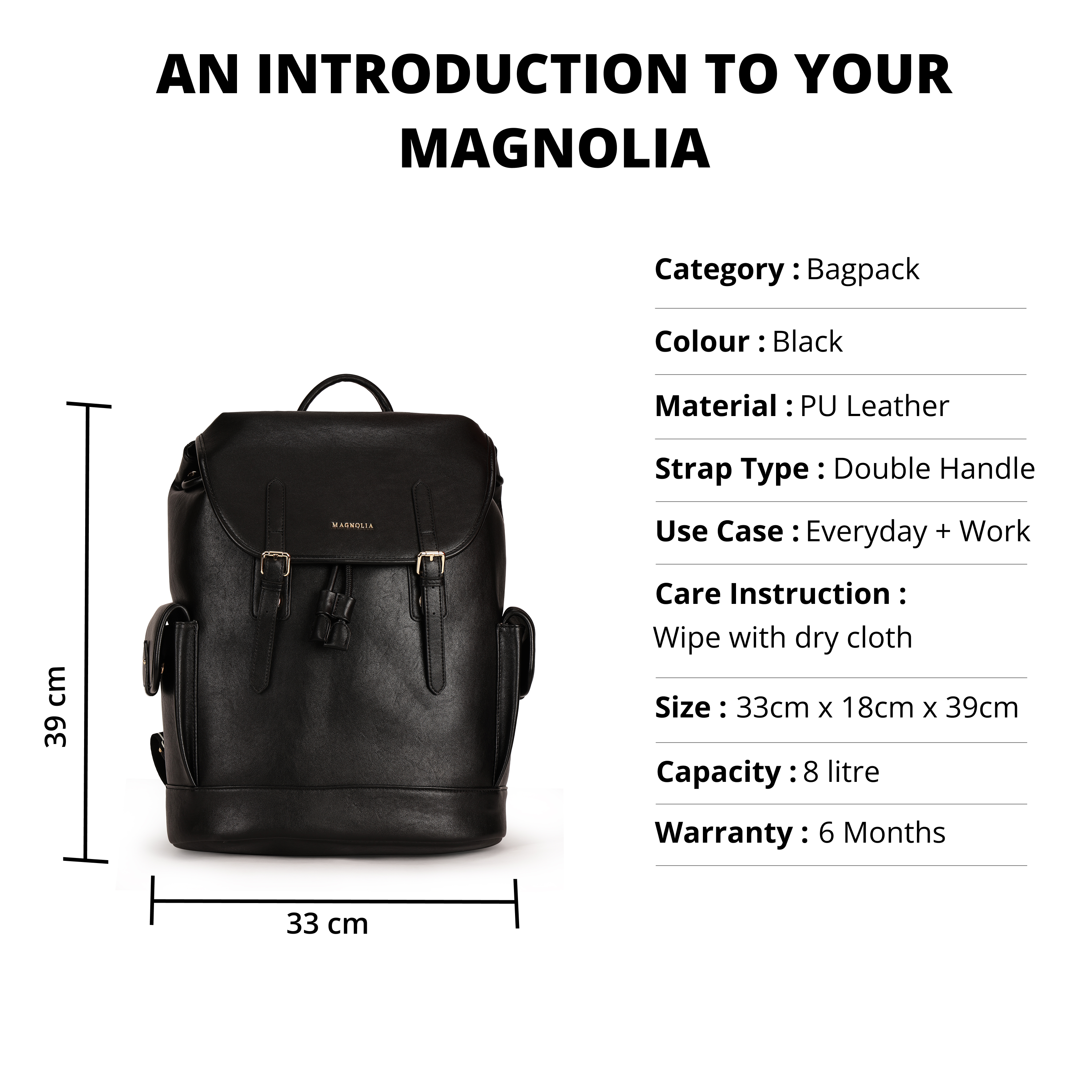 Magnolia PU Leather Black Backpack