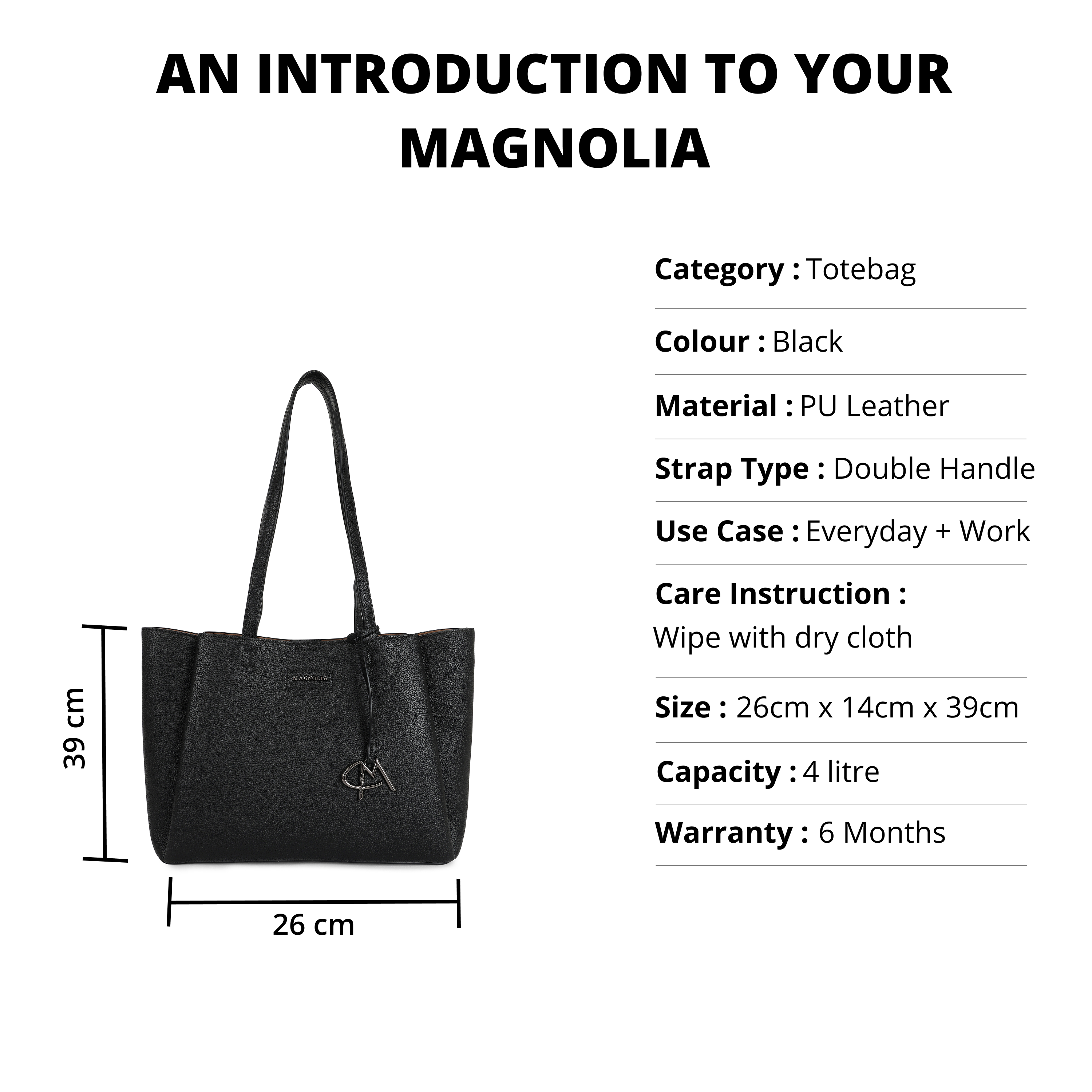 Magnolia PU Leather Women Black Tote Bag