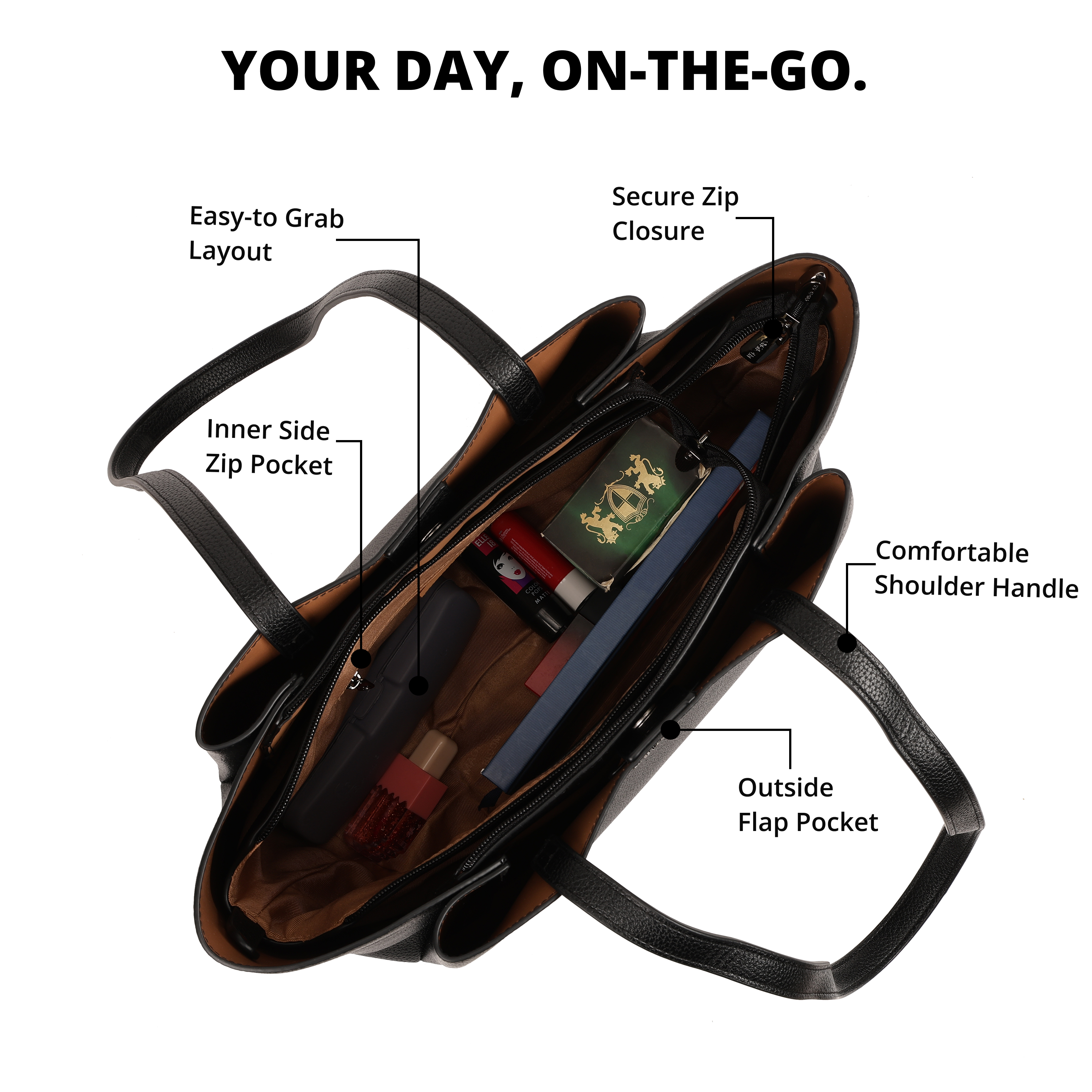 Magnolia PU Leather Women Black Tote Bag