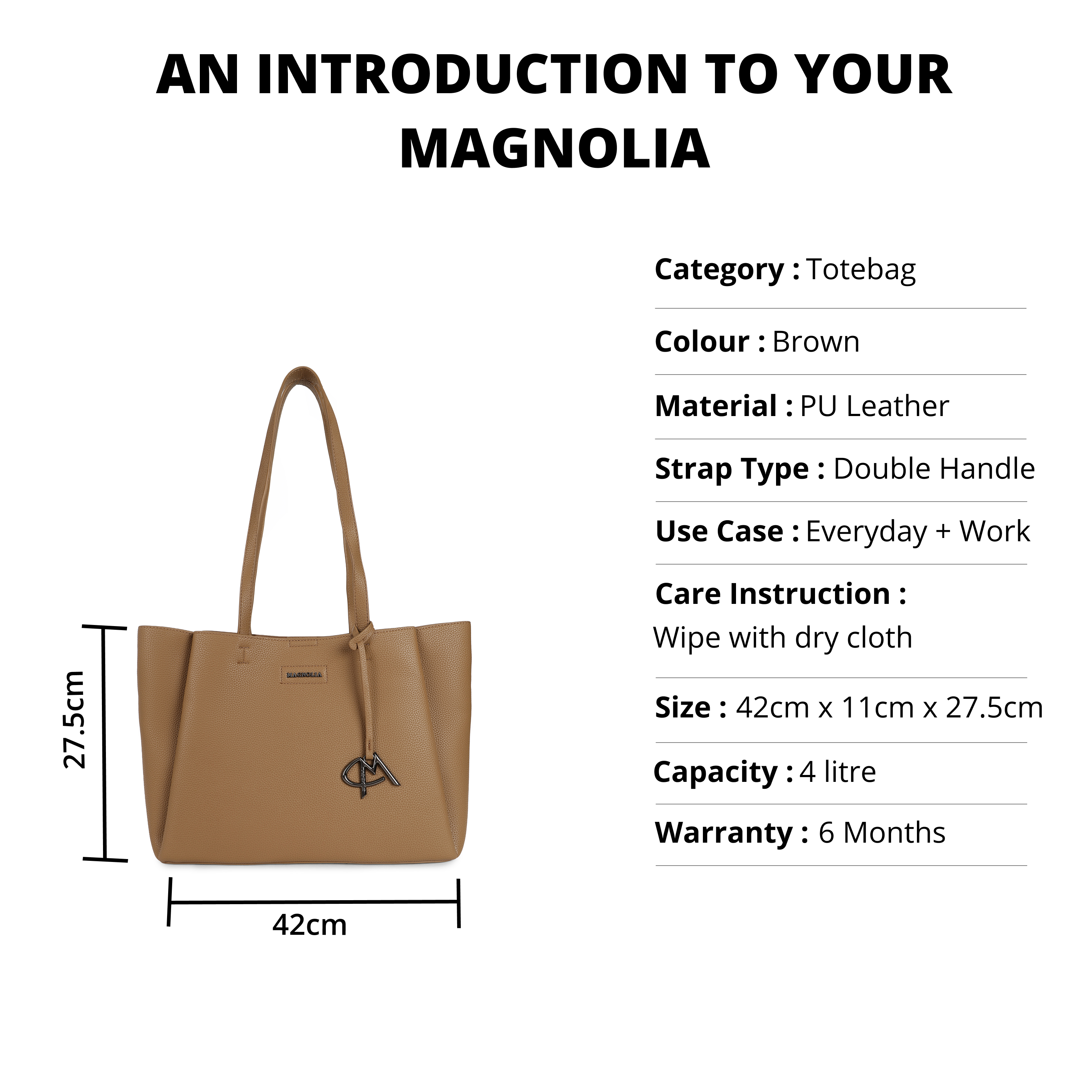 Magnolia PU Leather Women Brown Tote Bag