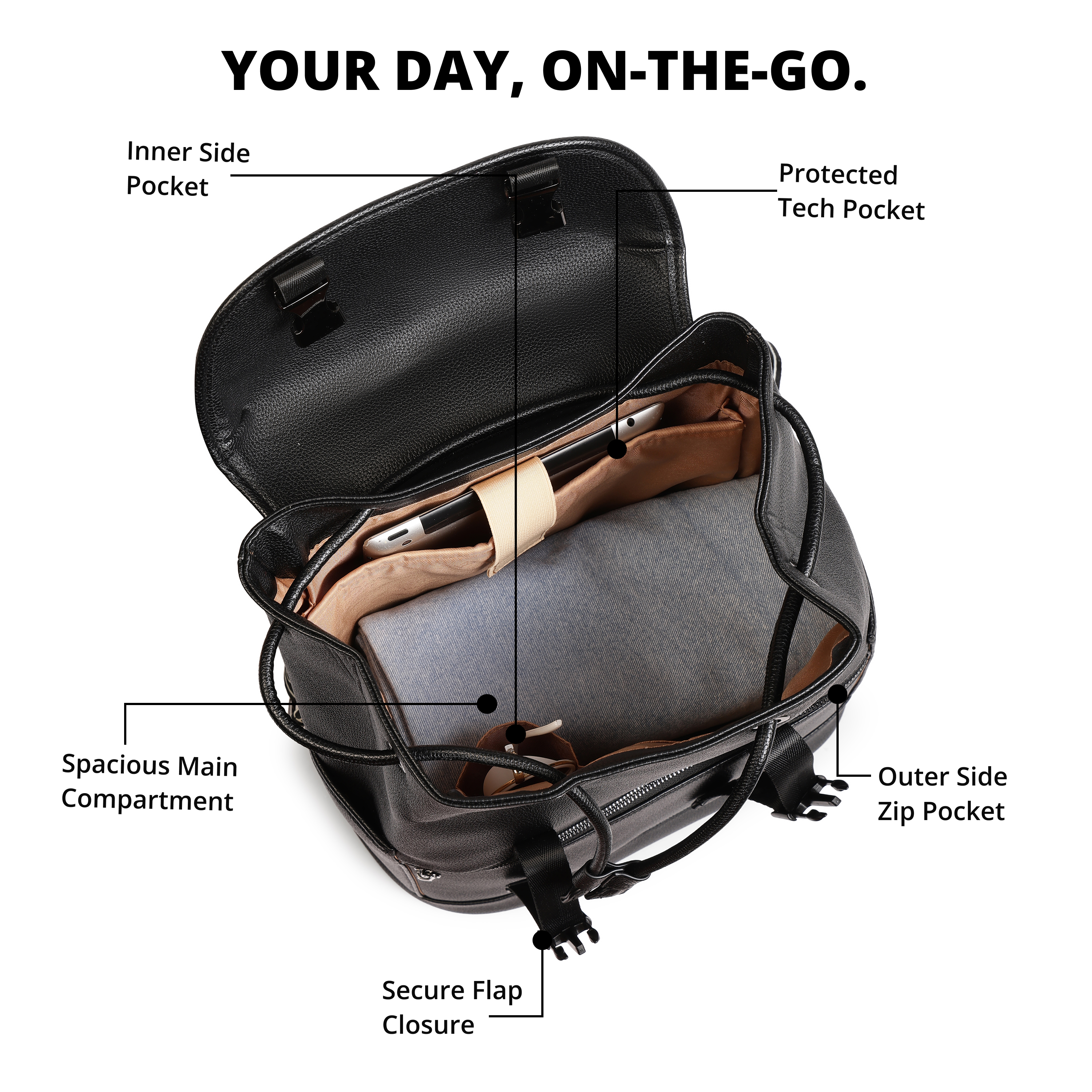 Magnolia PU Leather Black Backpack