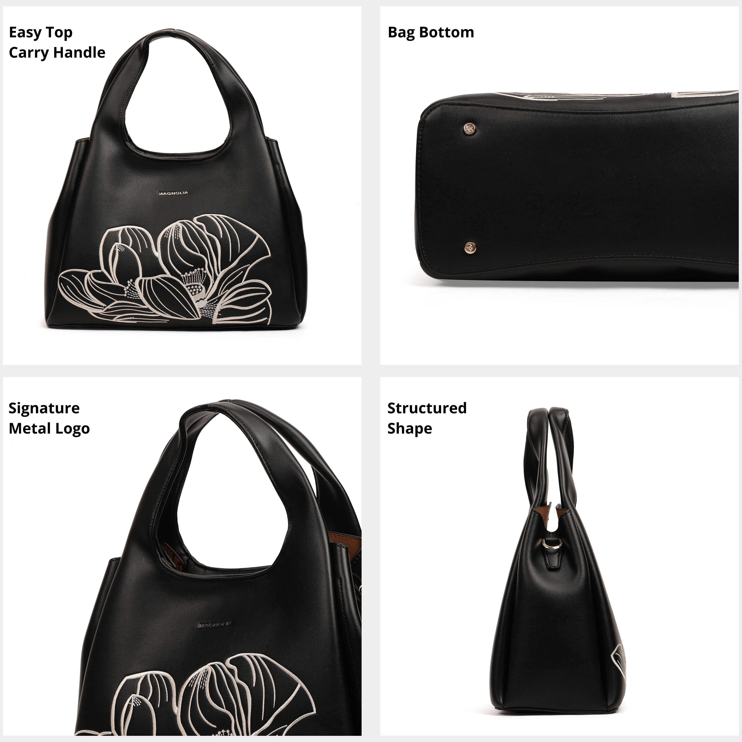 Magnolia PU Leather Women Embroidered Black Shoulder Bag
