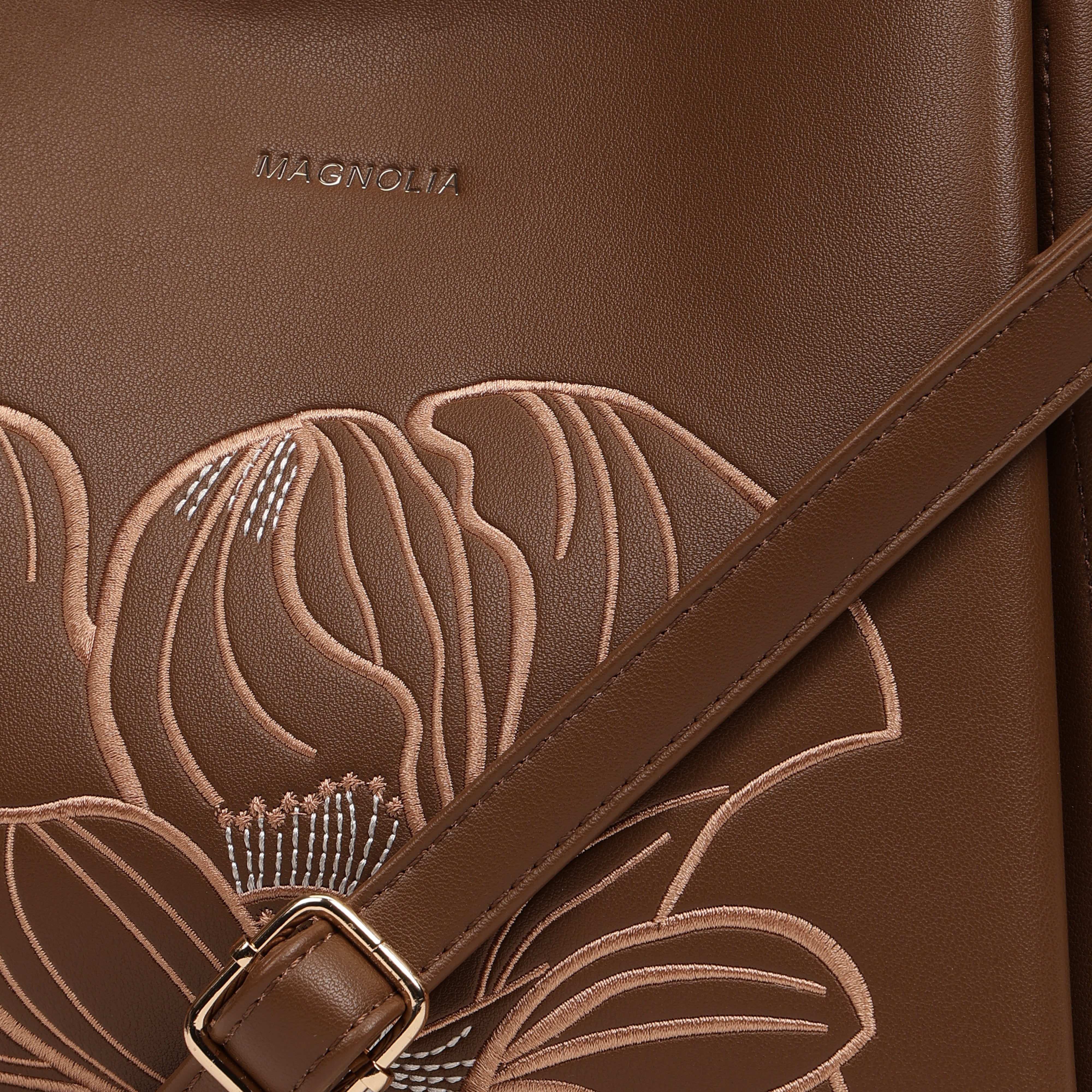 Magnolia PU Leather Women Embroidered Coffee Shoulder Bag