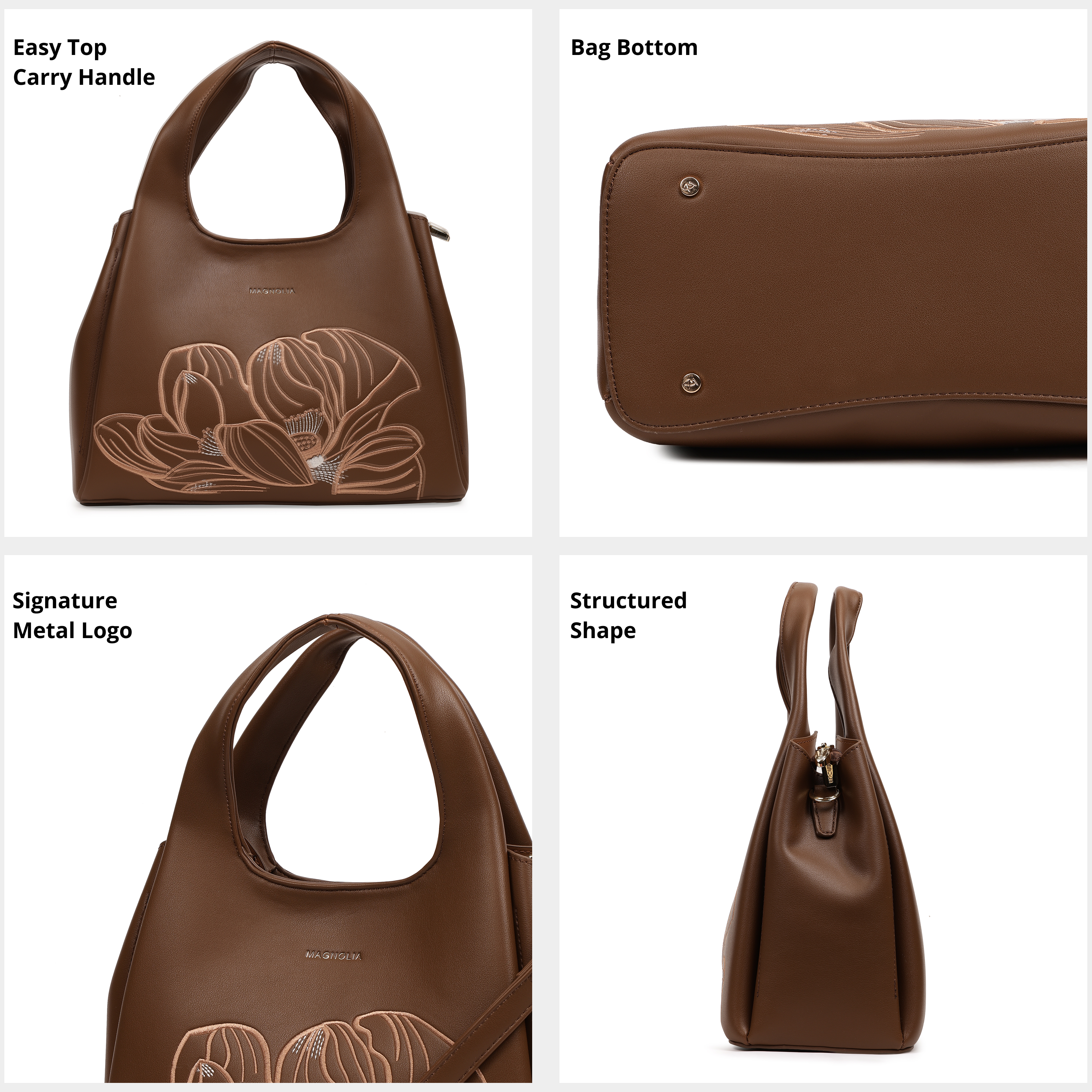 Magnolia PU Leather Women Embroidered Coffee Shoulder Bag