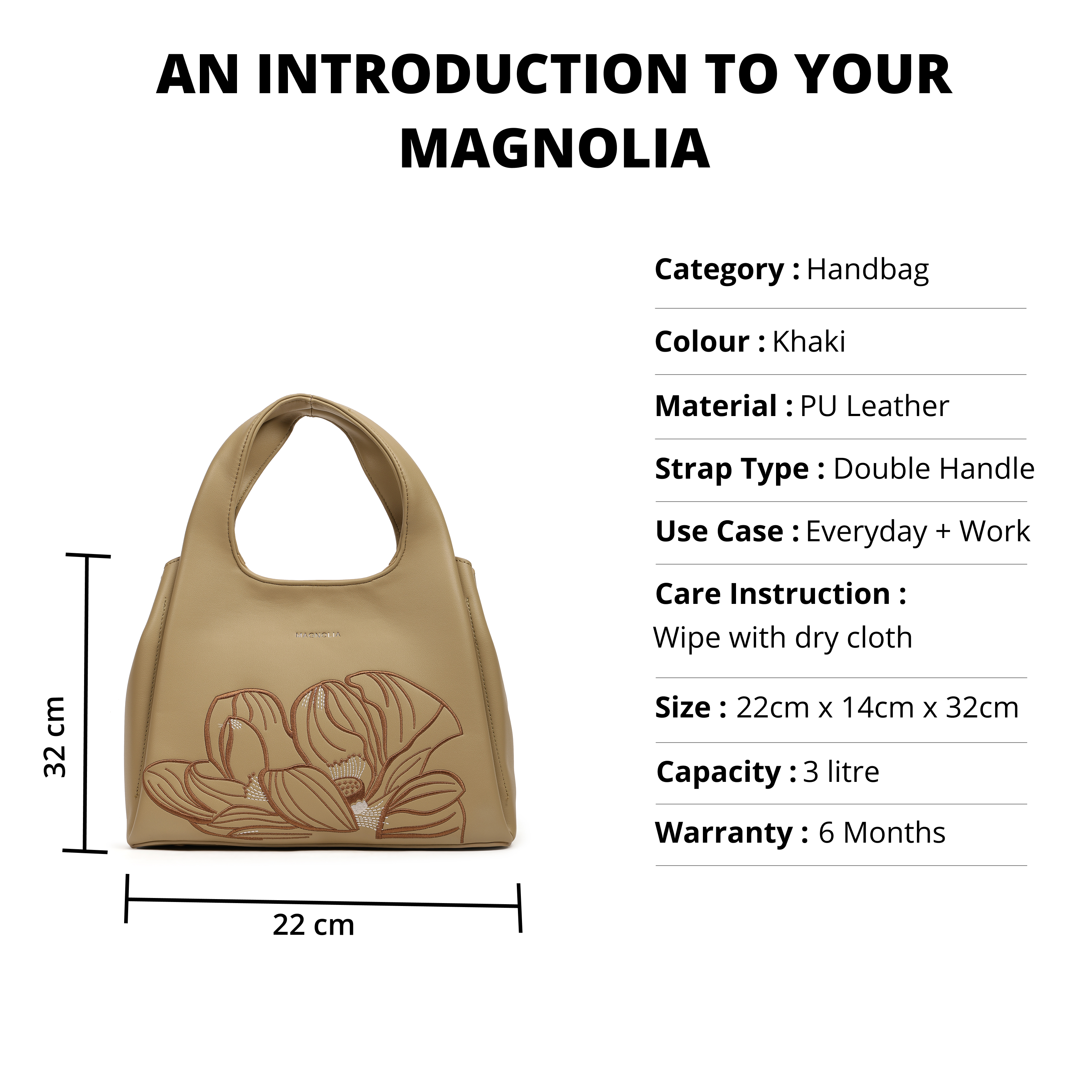 Magnolia PU Leather Women Embroidered Khaki Shoulder Bag