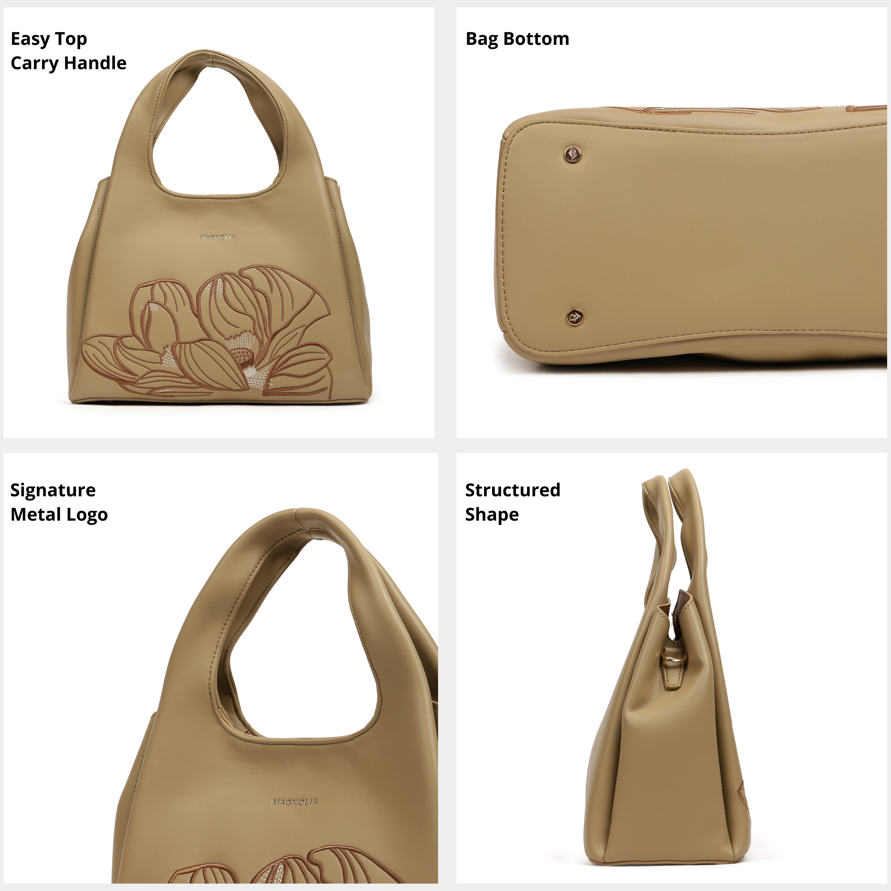 Magnolia PU Leather Women Embroidered Khaki Shoulder Bag