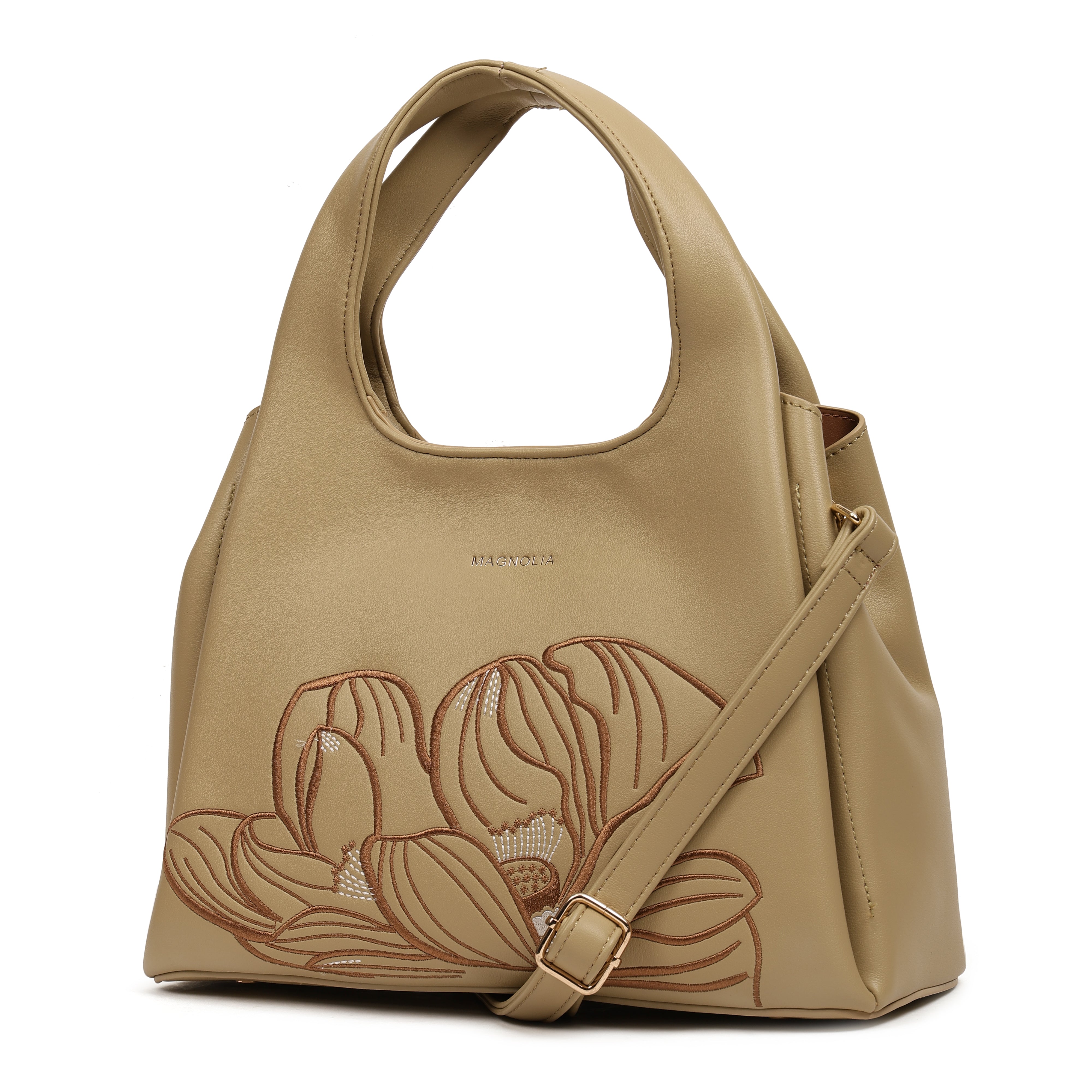 Magnolia PU Leather Women Embroidered Khaki Shoulder Bag