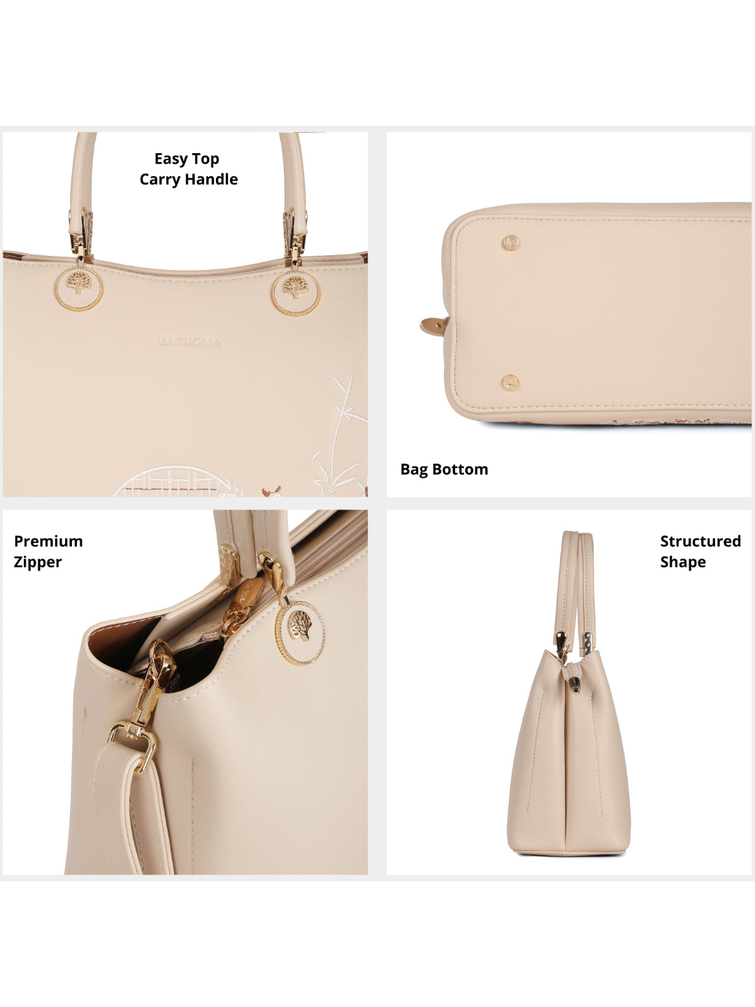 Magnolia Beige PU Leather Embroidered One Size Women Tote