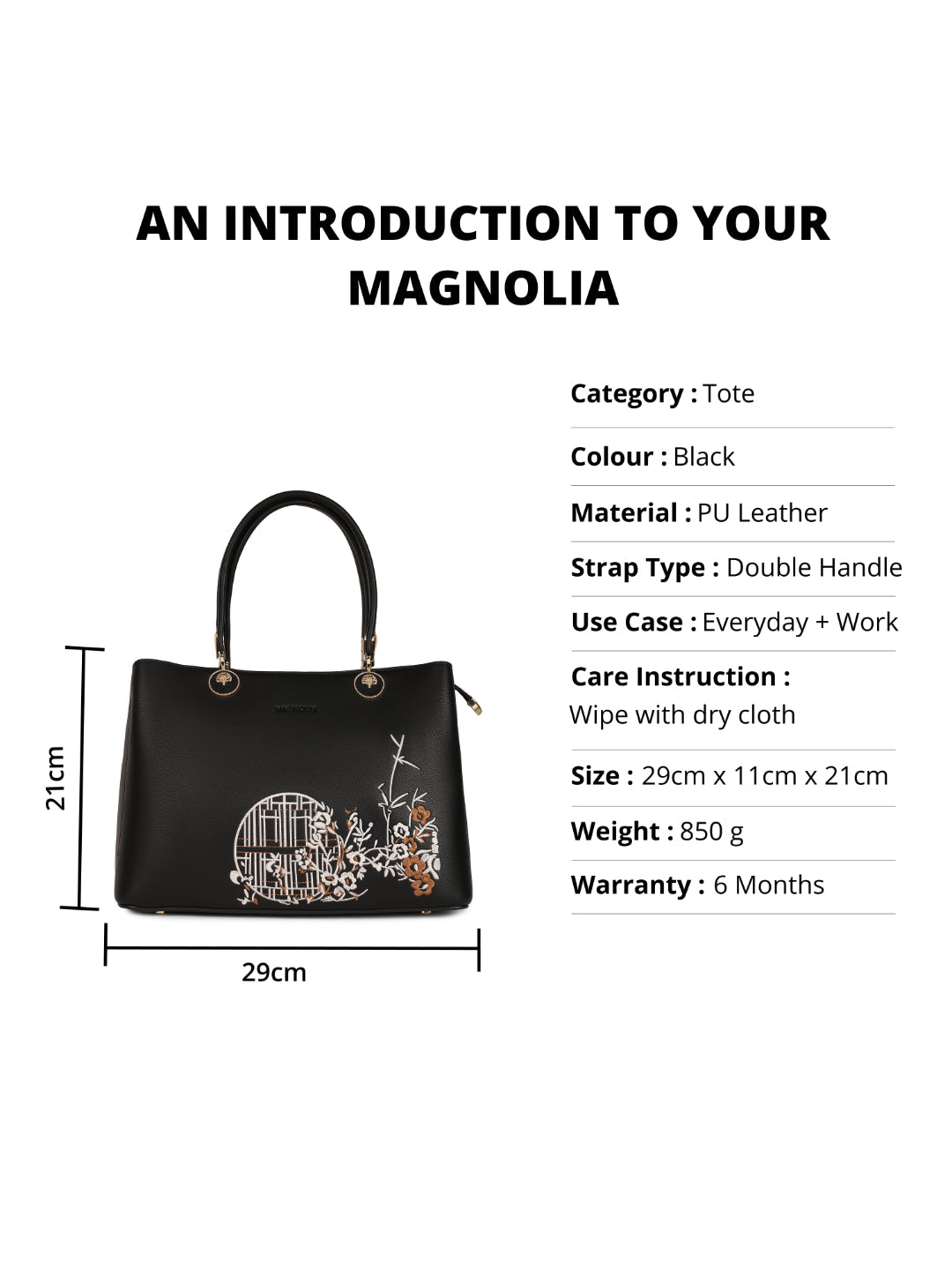 Magnolia Black PU Leather Embroidered One Size Women Tote