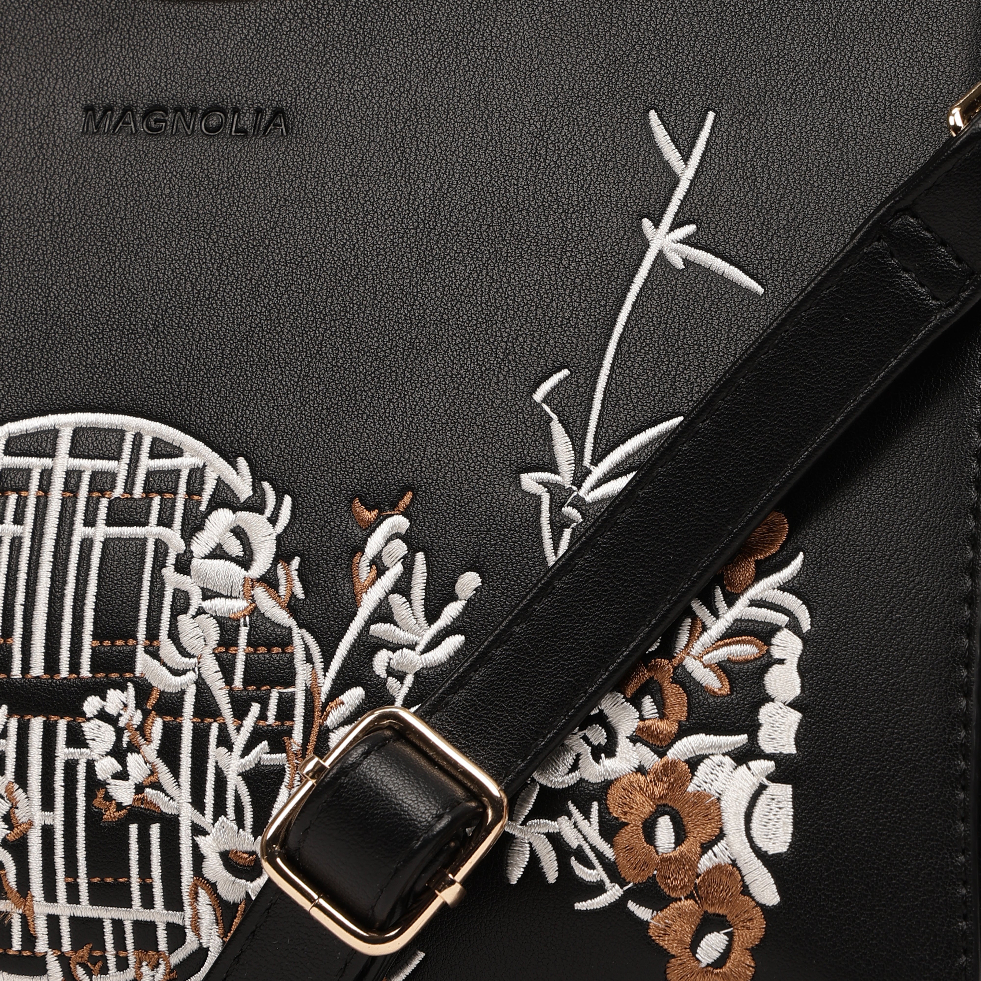Magnolia PU Leather Women Embroidered Black Shoulder Bag