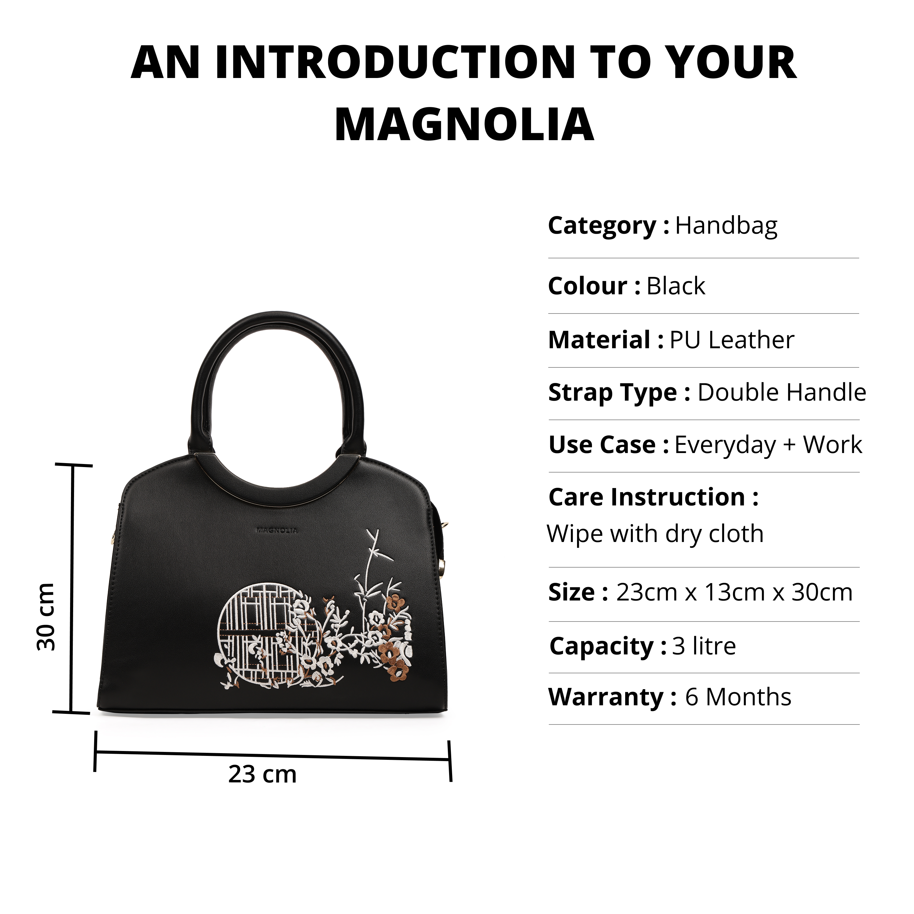 Magnolia PU Leather Women Embroidered Black Shoulder Bag