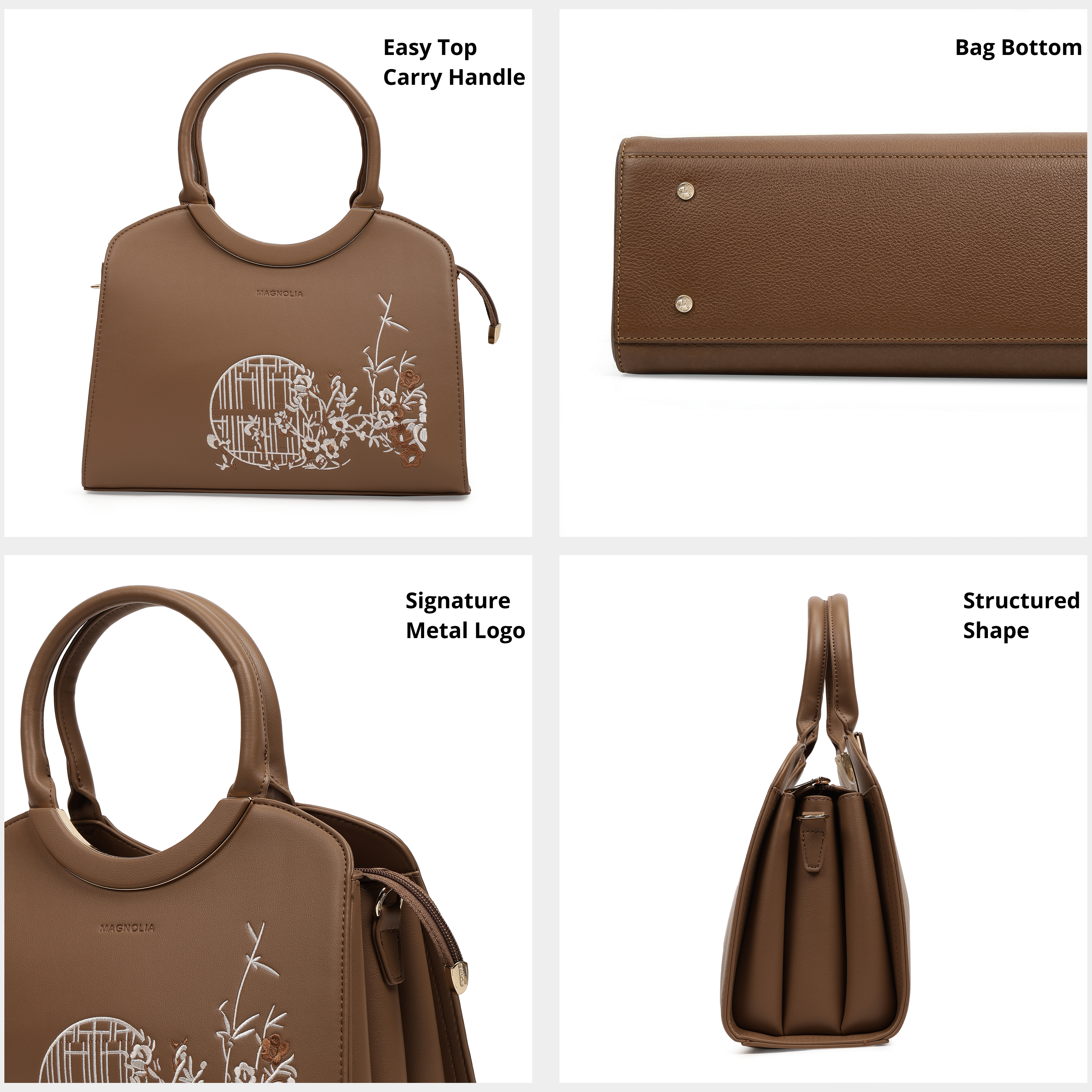 Magnolia PU Leather Women Embroidered Taupe Shoulder Bag