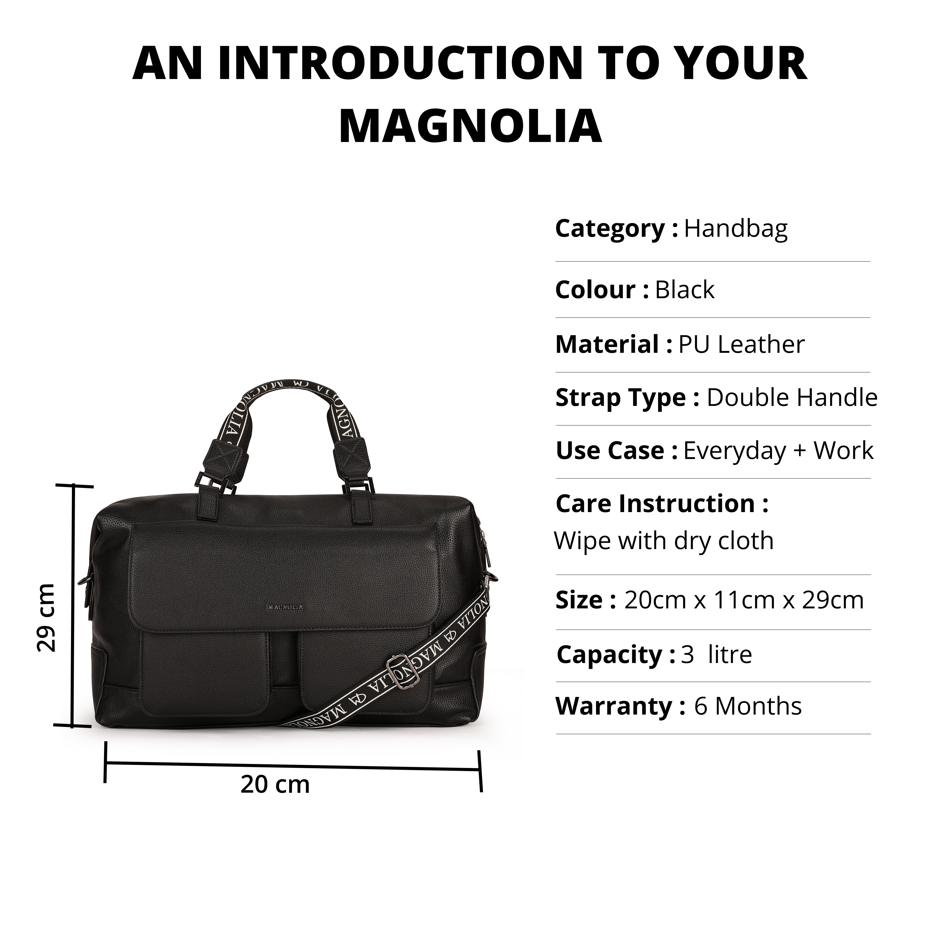 Magnolia PU Leather Women Black Handbag