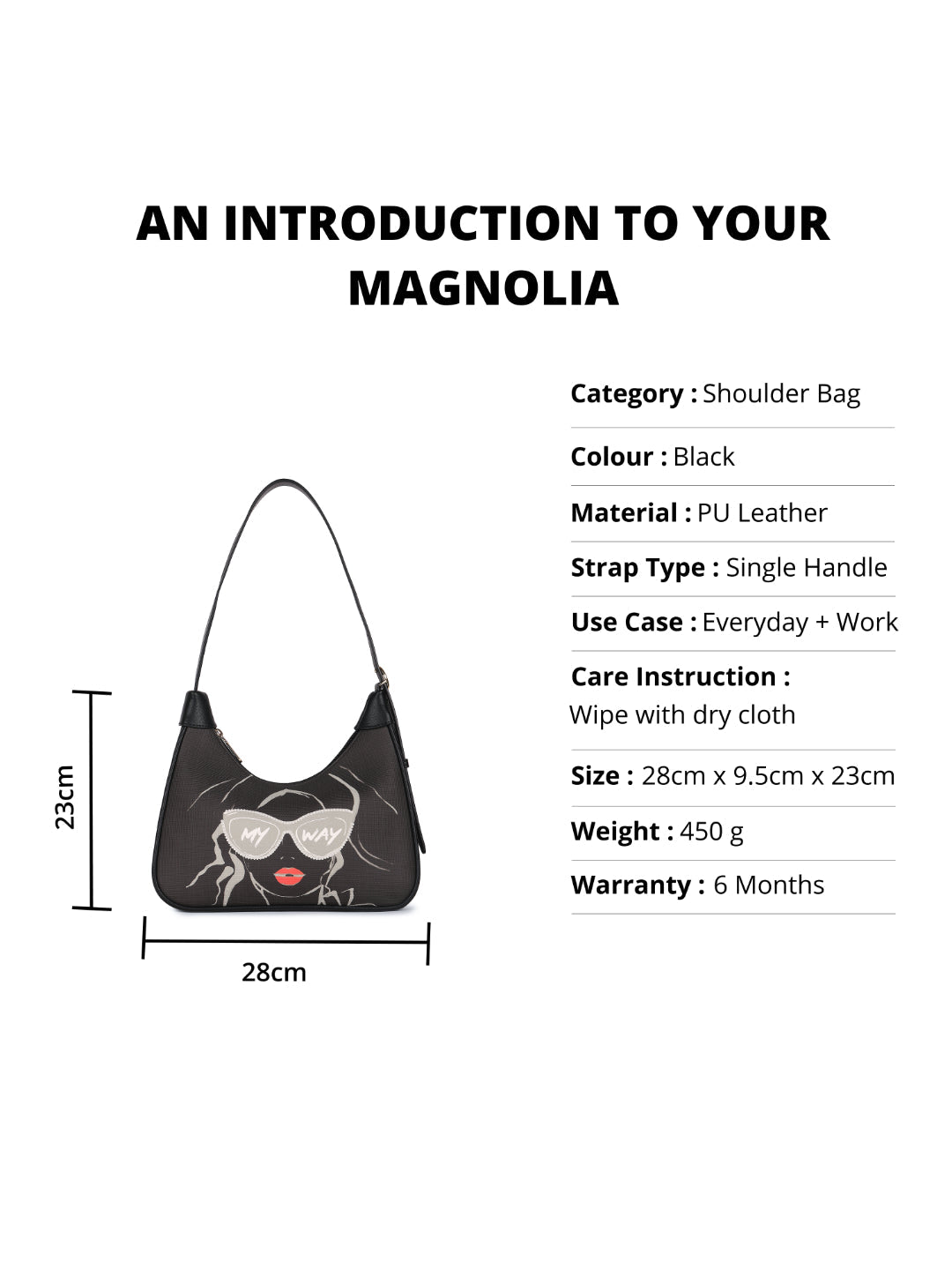Magnolia Black PU Leather Printed One Size Women Shoulder Bag