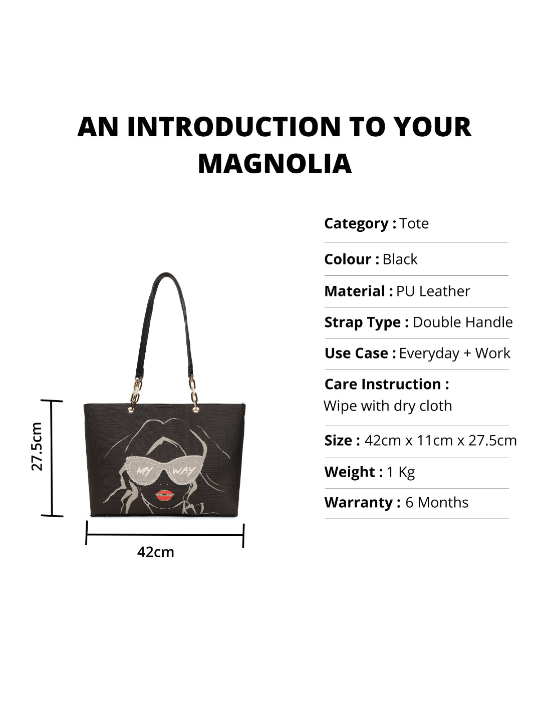 Magnolia Black PU Leather Printed One Size Women Tote