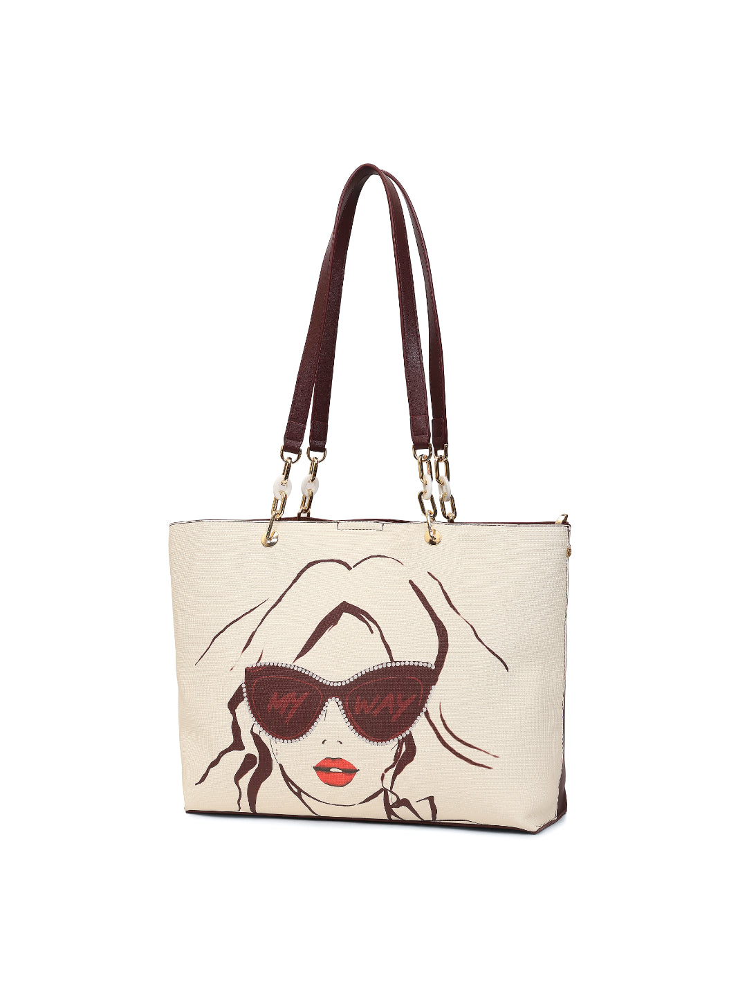 Magnolia Women Beige & Wine Printed Tote Bag