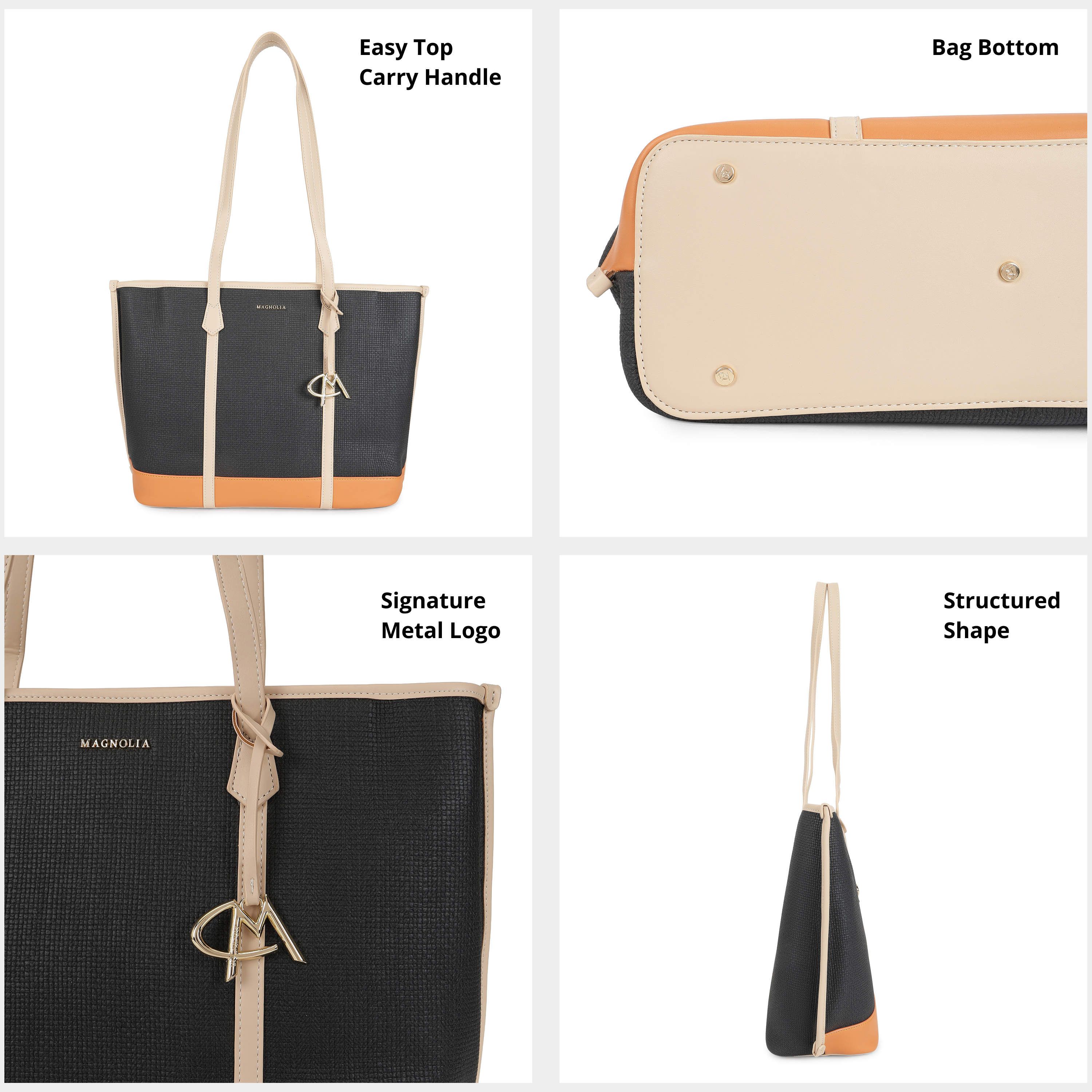 Magnolia PU Leather Women Black Tote Bag