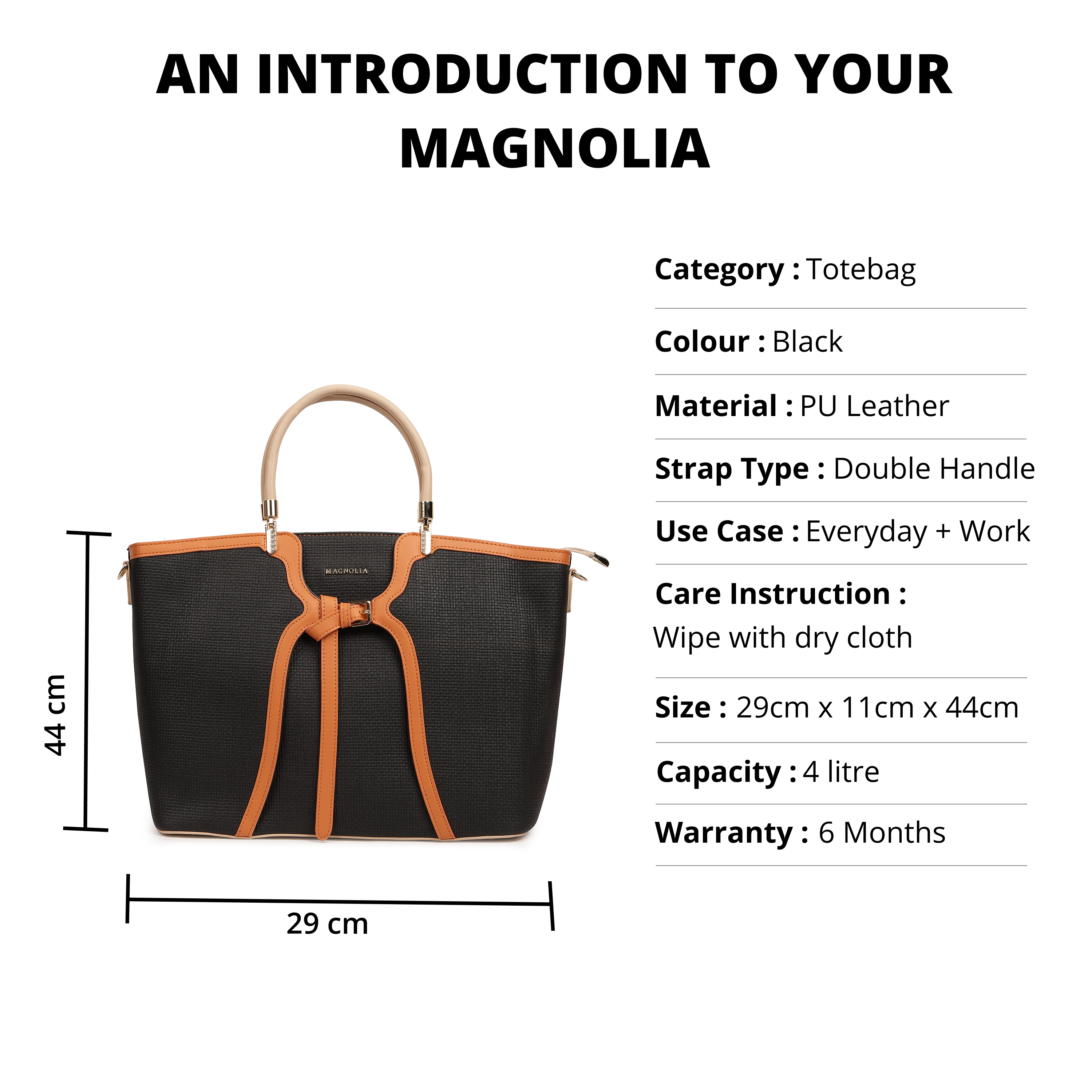 Magnolia PU Leather Women Black Tote Bag