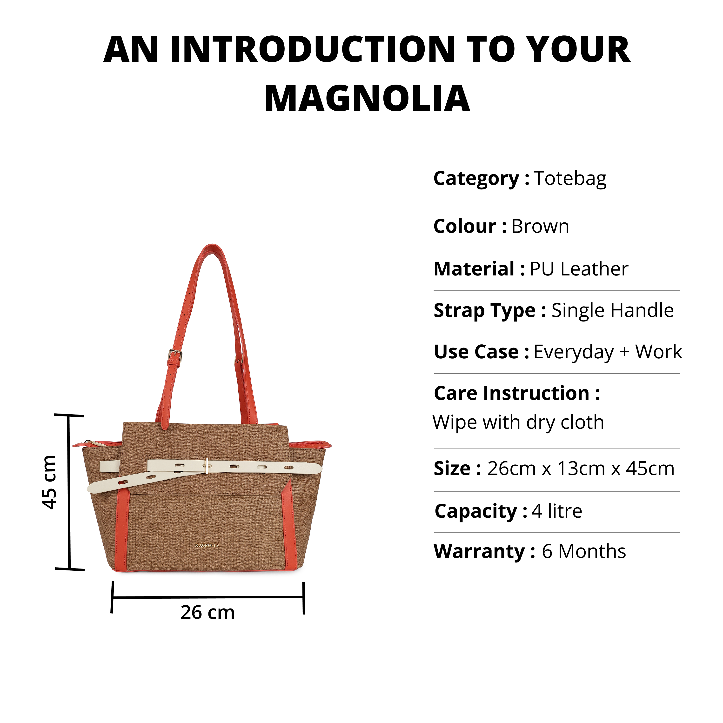 Magnolia PU Leather Women Brown Tote Bag